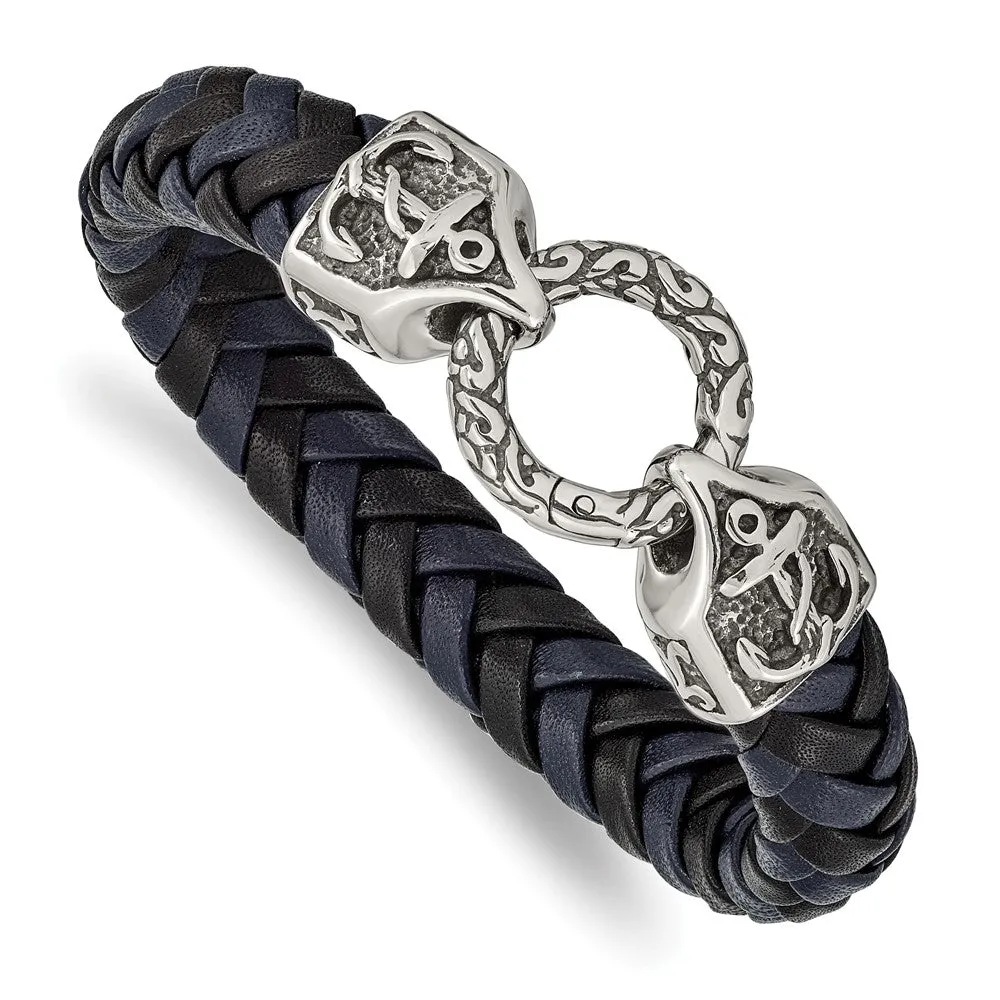 8.25 Inch Stainless Steel Antiqued Anchor Bracelet with Black/Blue Leather