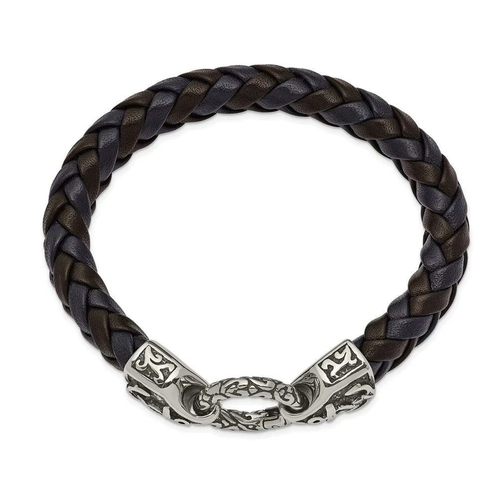 8.25 Inch Stainless Steel Antiqued Anchor Bracelet with Black/Blue Leather