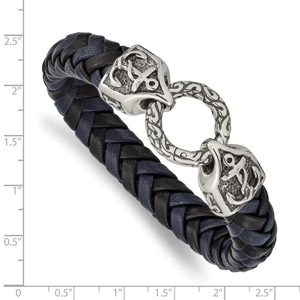 8.25 Inch Stainless Steel Antiqued Anchor Bracelet with Black/Blue Leather