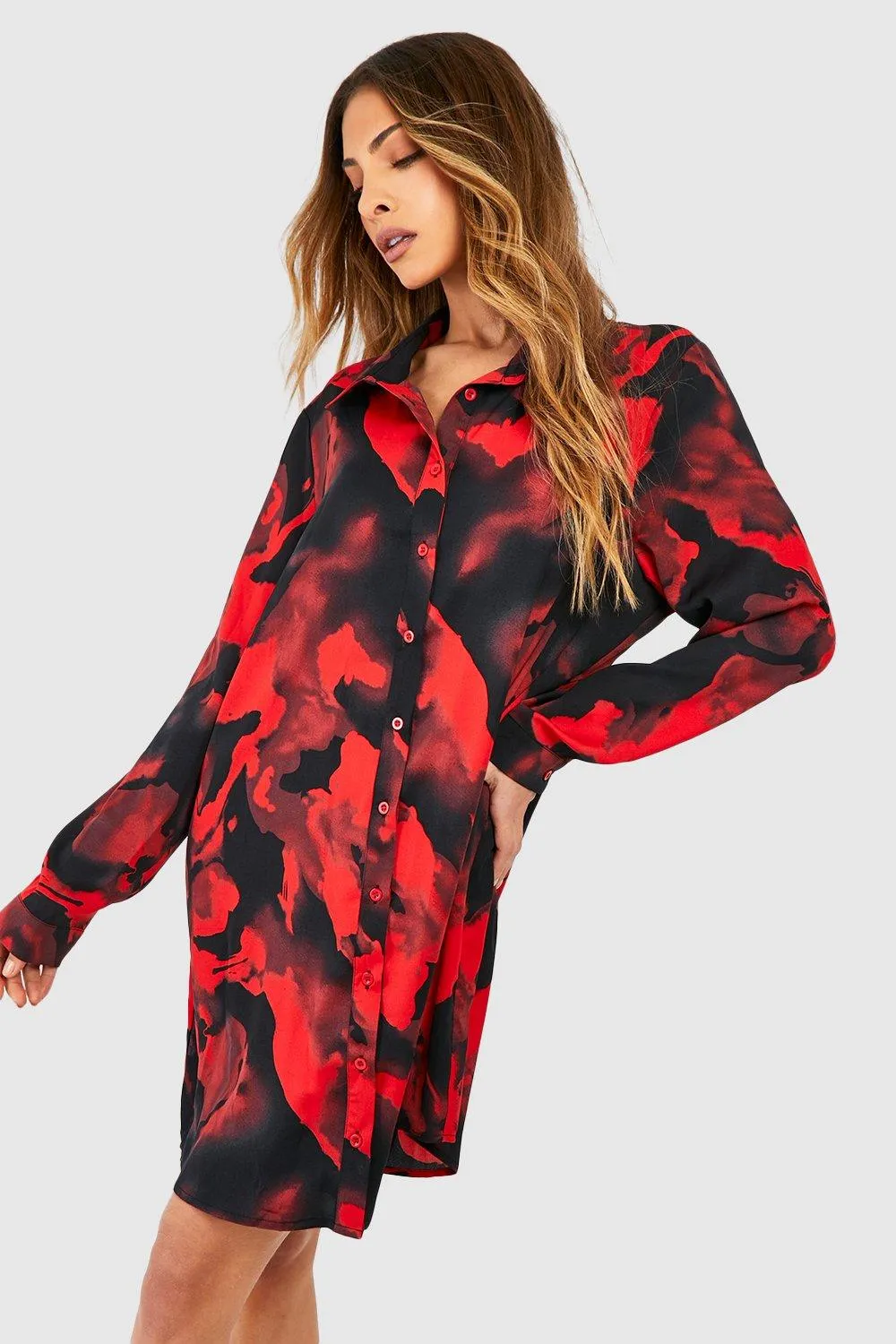 Abstract Floral Print Shirt Dress