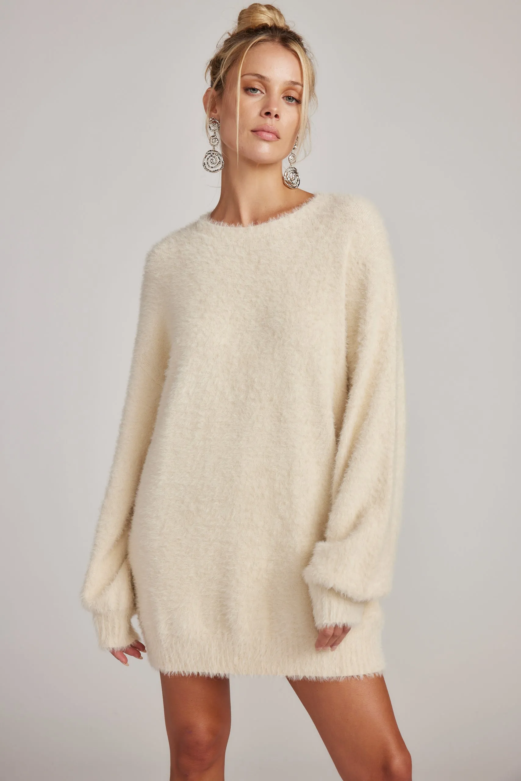 Cream Adela Long Sleeve Knit Sweater Dress