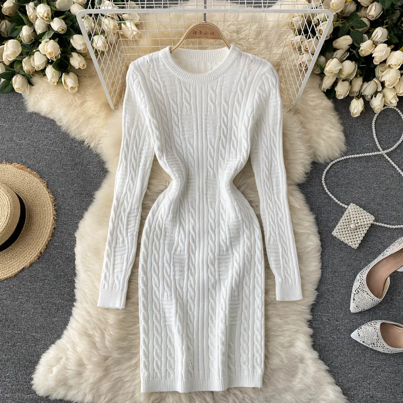 Autumn Winter Women Crew Neck Long Sleeve Warm Cable Knit Sweater Dress Destroyed Detail Sexy Bodycon Mini Dress