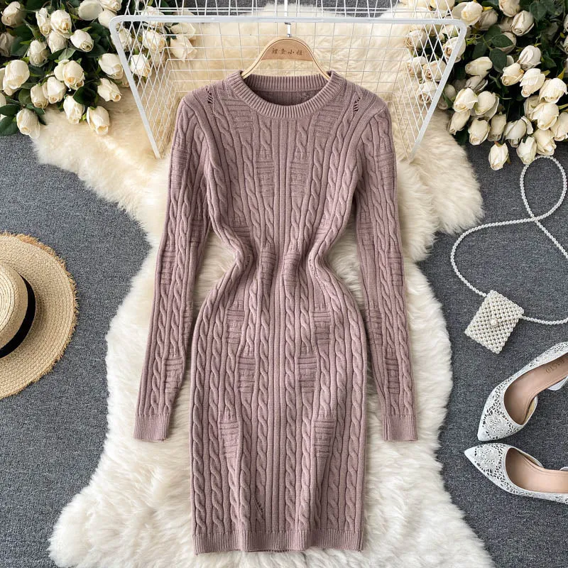 Autumn Winter Women Crew Neck Long Sleeve Warm Cable Knit Sweater Dress Destroyed Detail Sexy Bodycon Mini Dress