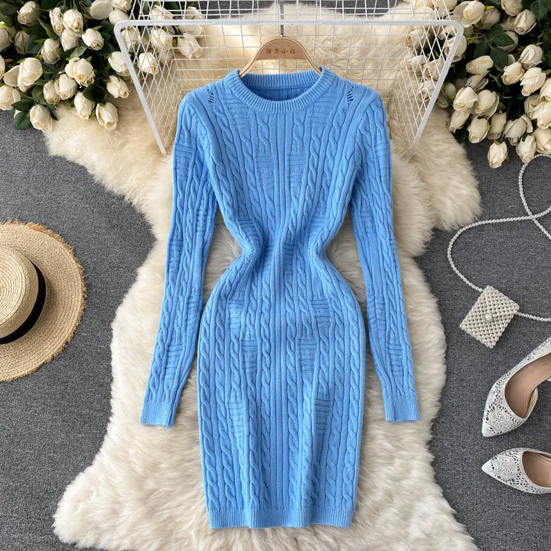 Autumn Winter Women Crew Neck Long Sleeve Warm Cable Knit Sweater Dress Destroyed Detail Sexy Bodycon Mini Dress