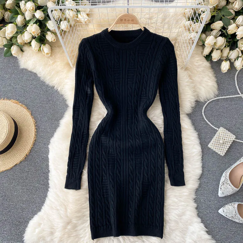 Autumn Winter Women Crew Neck Long Sleeve Warm Cable Knit Sweater Dress Destroyed Detail Sexy Bodycon Mini Dress