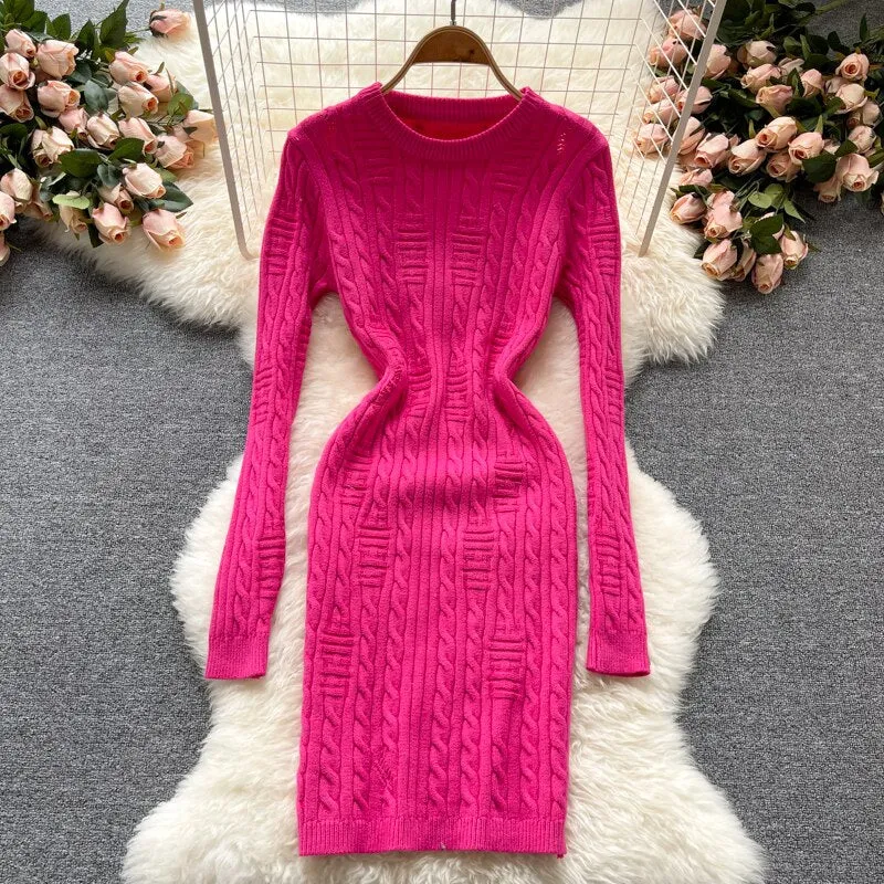 Autumn Winter Women Crew Neck Long Sleeve Warm Cable Knit Sweater Dress Destroyed Detail Sexy Bodycon Mini Dress