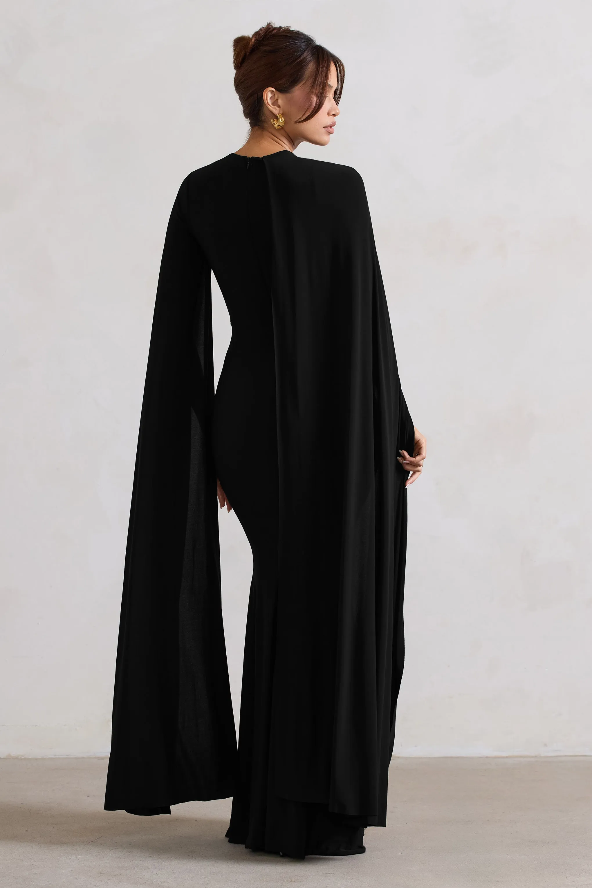 Black Maxi Dress with Asymmetric Cape