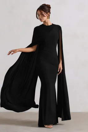 Black Maxi Dress with Asymmetric Cape