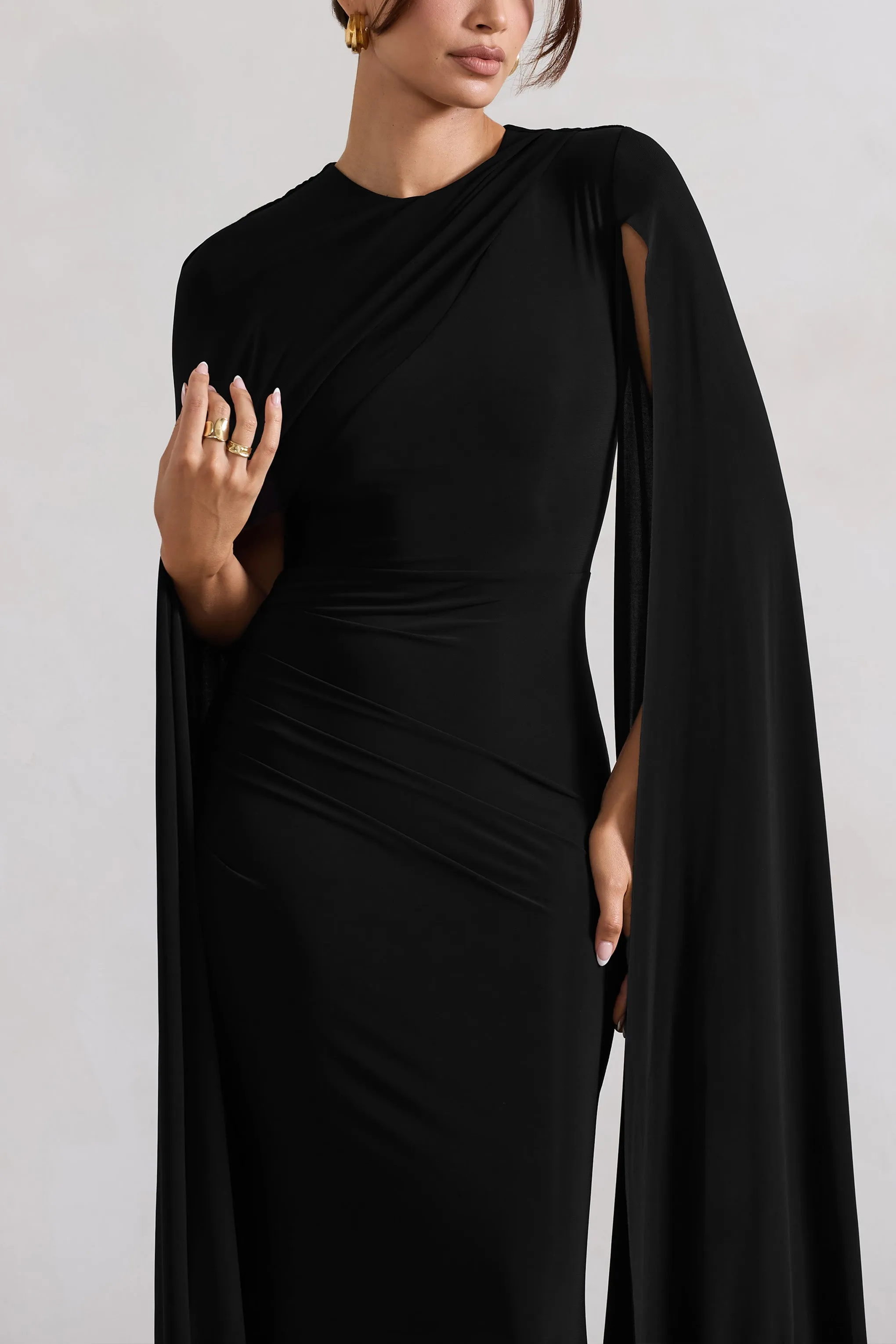 Black Maxi Dress with Asymmetric Cape