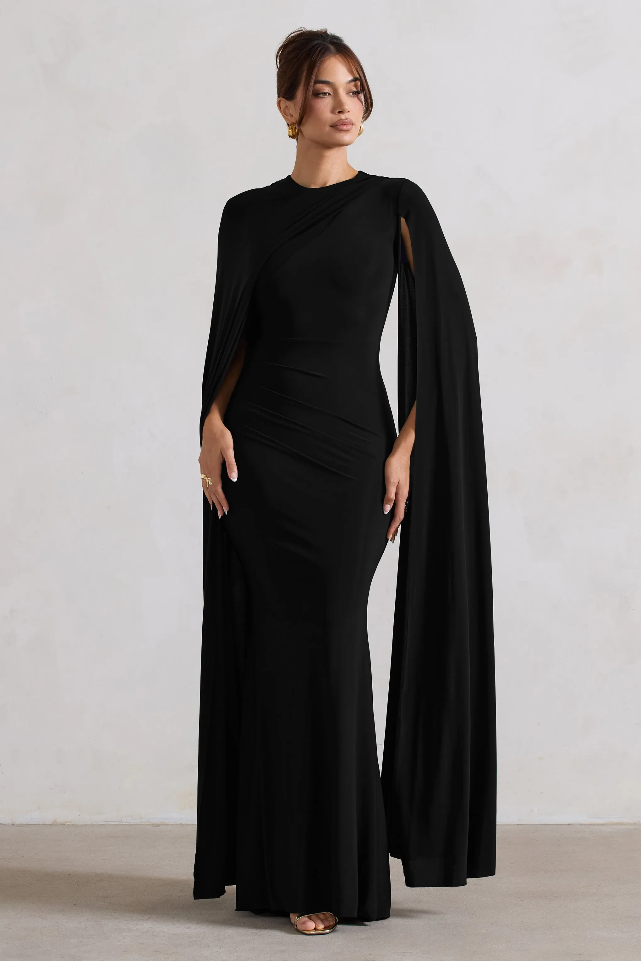 Black Maxi Dress with Asymmetric Cape