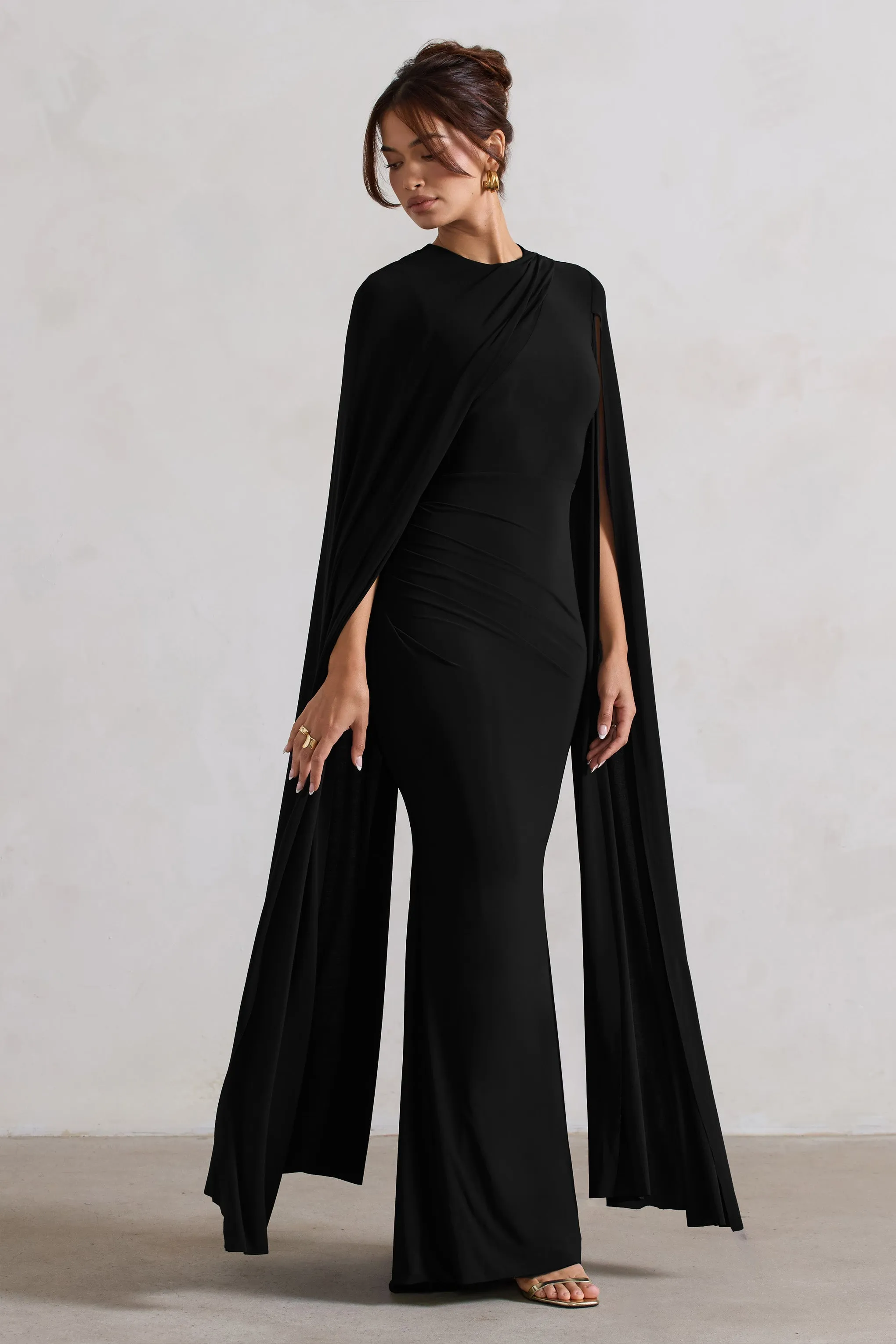 Black Maxi Dress with Asymmetric Cape