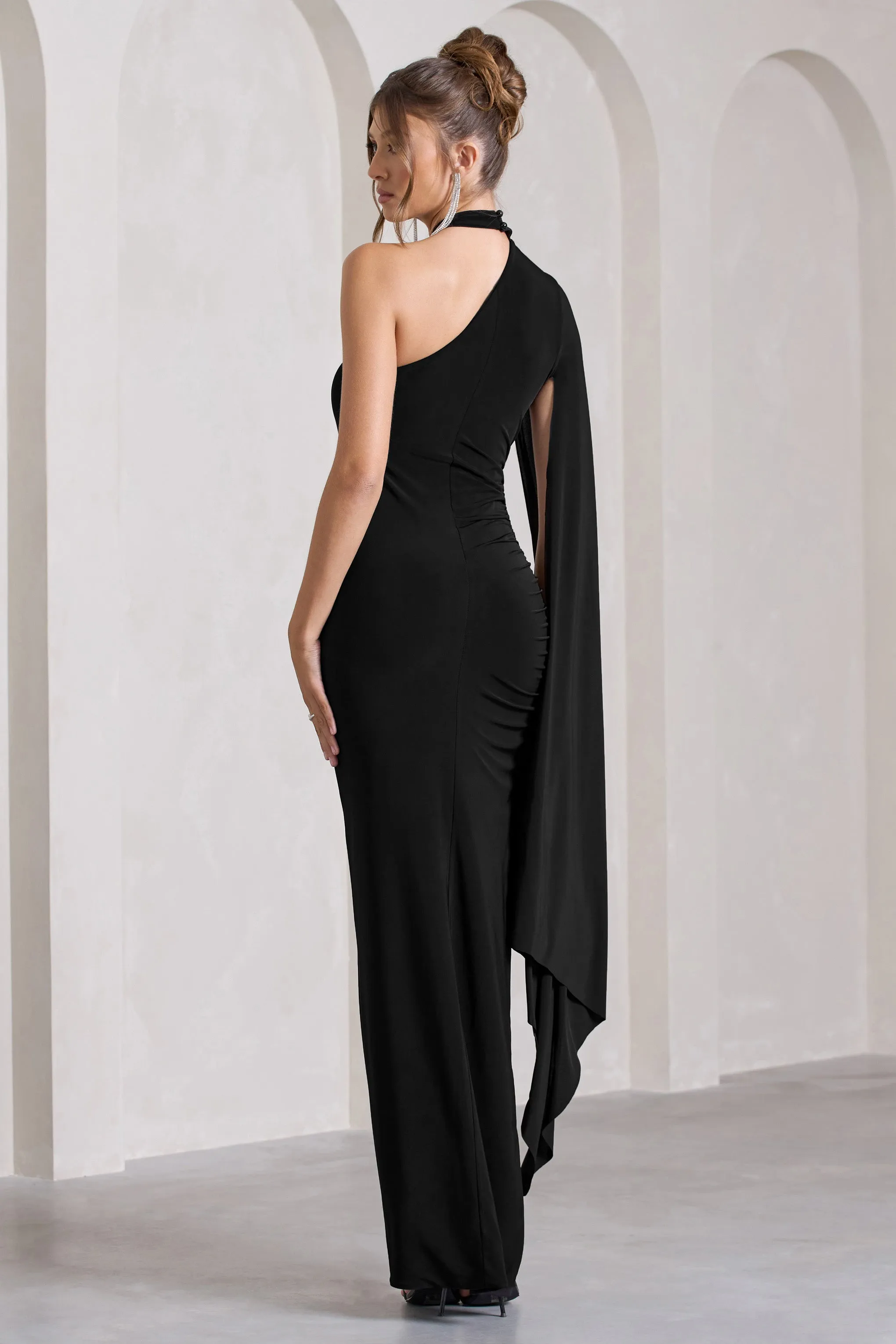 Black Maxi Dress with Asymmetric Draped Sleeves and Split