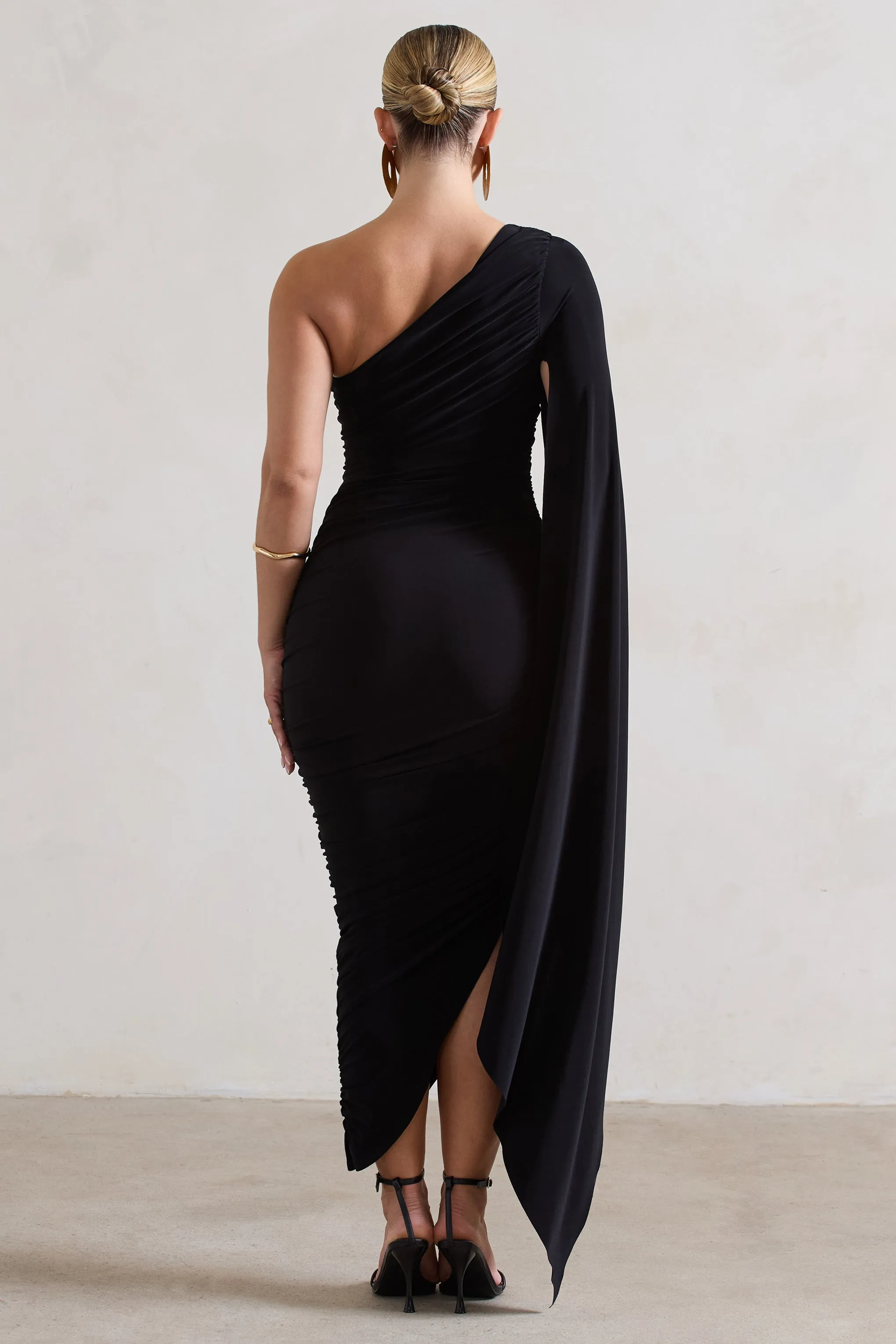 Black Ruched One Shoulder Cape Sleeve Asymmetric Midi Dress