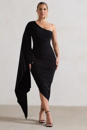 Black Ruched One Shoulder Cape Sleeve Asymmetric Midi Dress