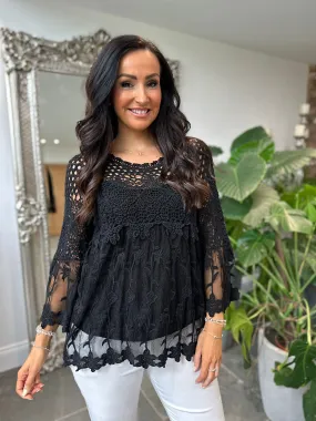 Chic Lace Half Top with Black Floral Details