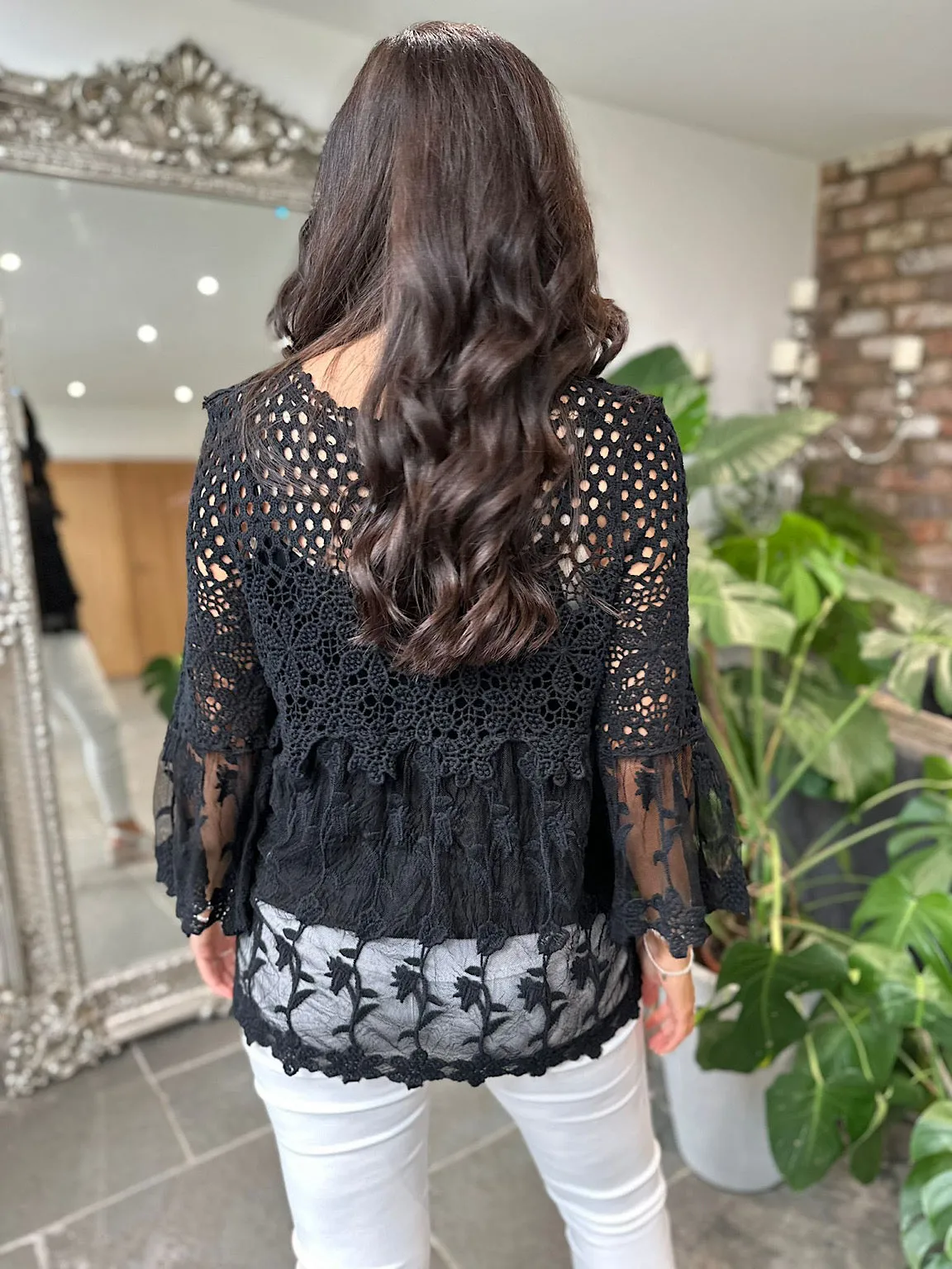 Chic Lace Half Top with Black Floral Details