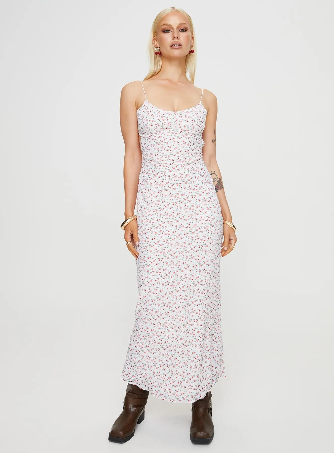 Long Night White Red Floral Maxi Dress