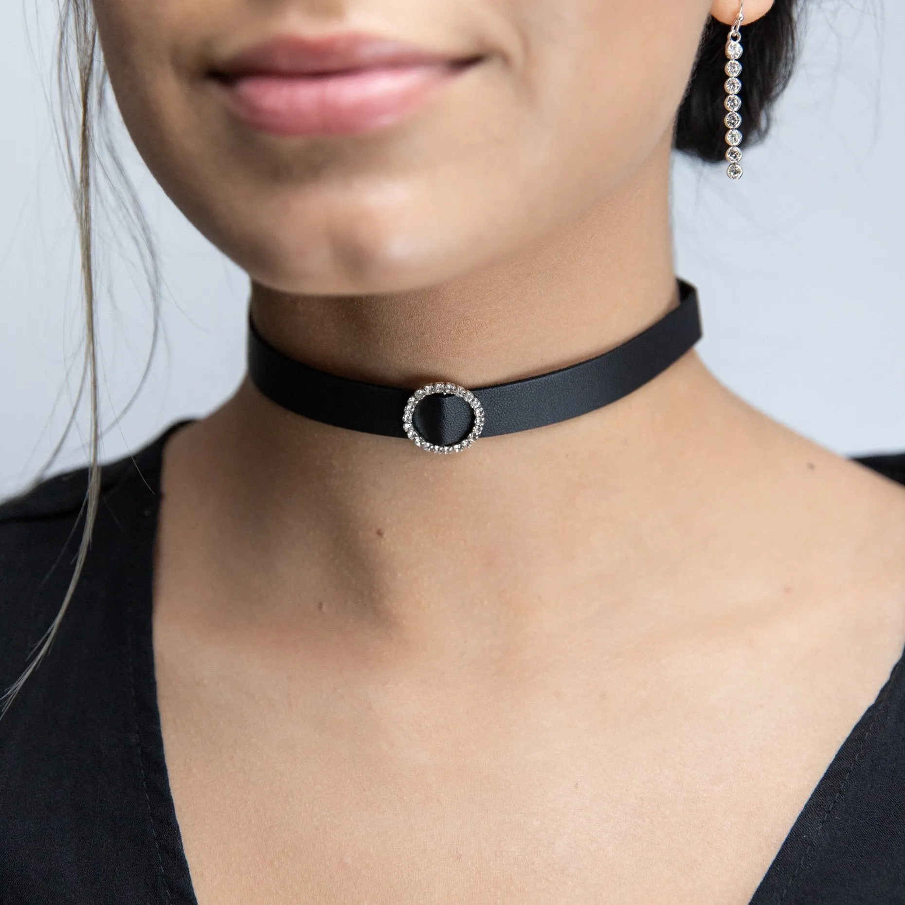 Black Leather Choker with Round Cubic Zirconia