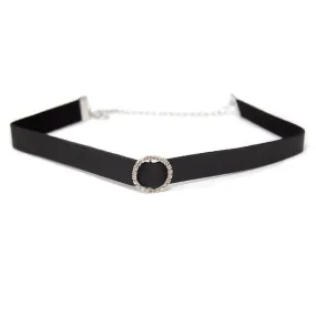 Black Leather Choker with Round Cubic Zirconia