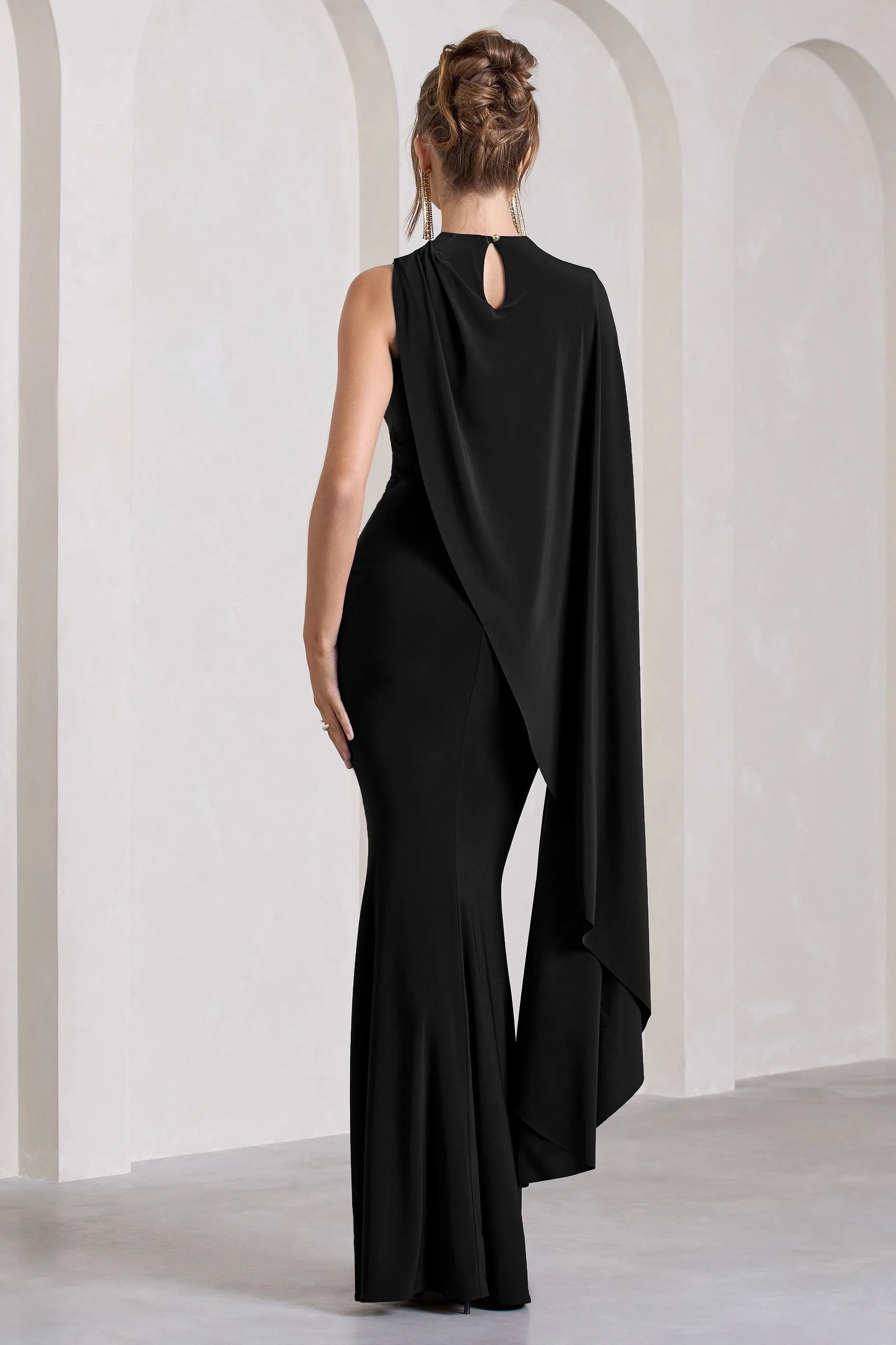 Black Maxi Dress with One-Sleeve Cape