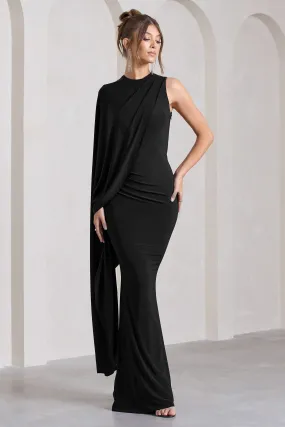 Black Maxi Dress with One-Sleeve Cape