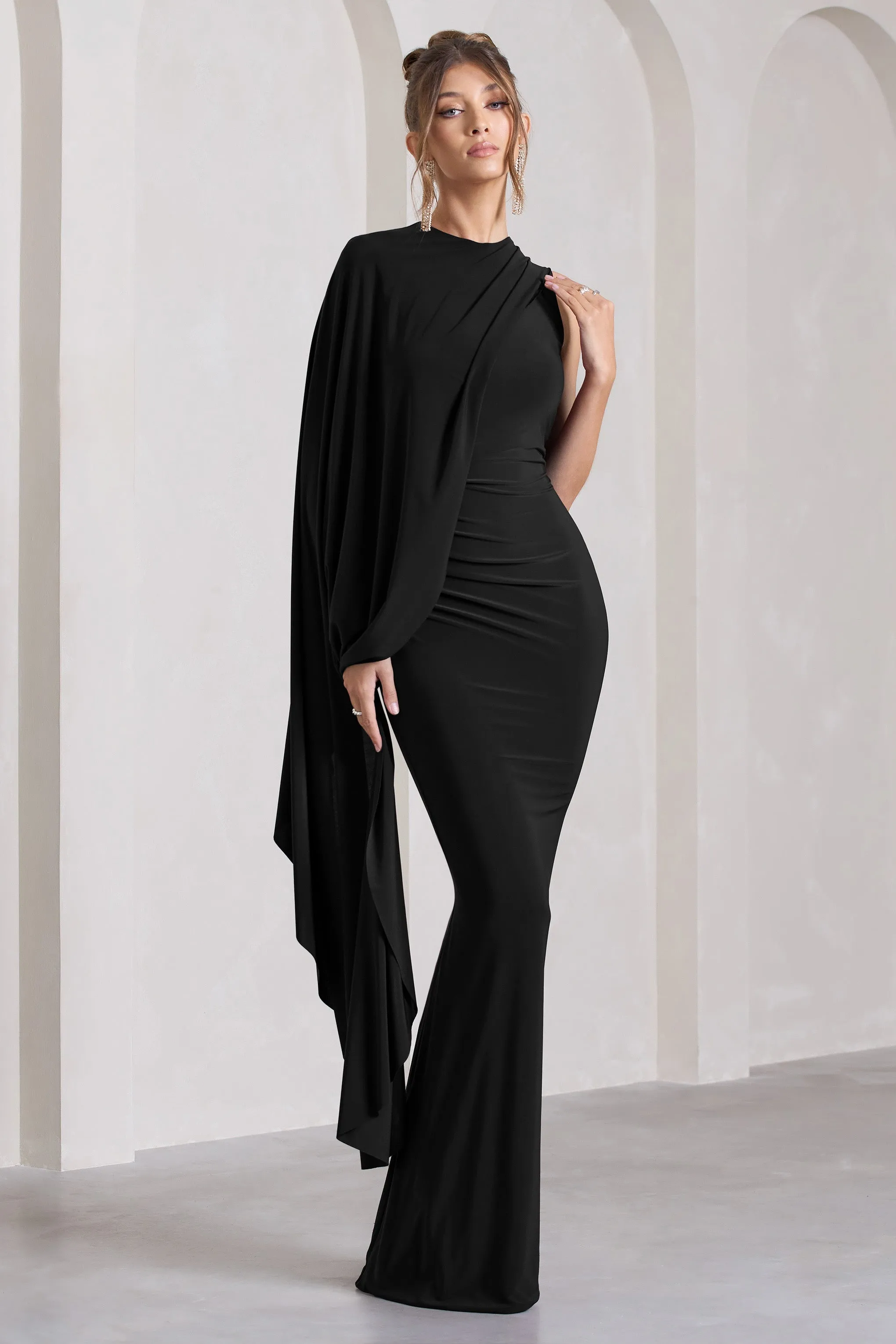 Black Maxi Dress with One-Sleeve Cape