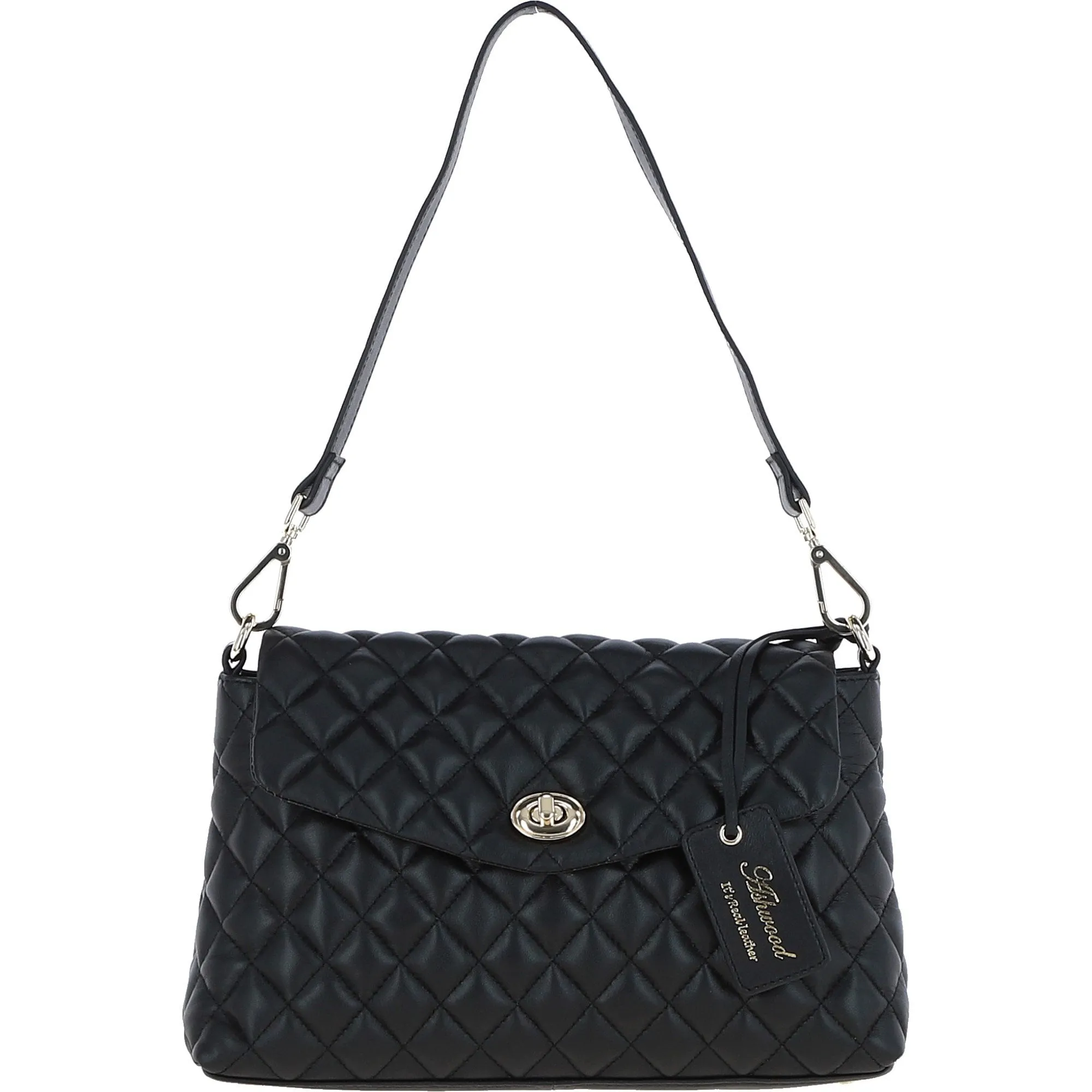 Black Real Leather Flapover Quilted Bag: 63858