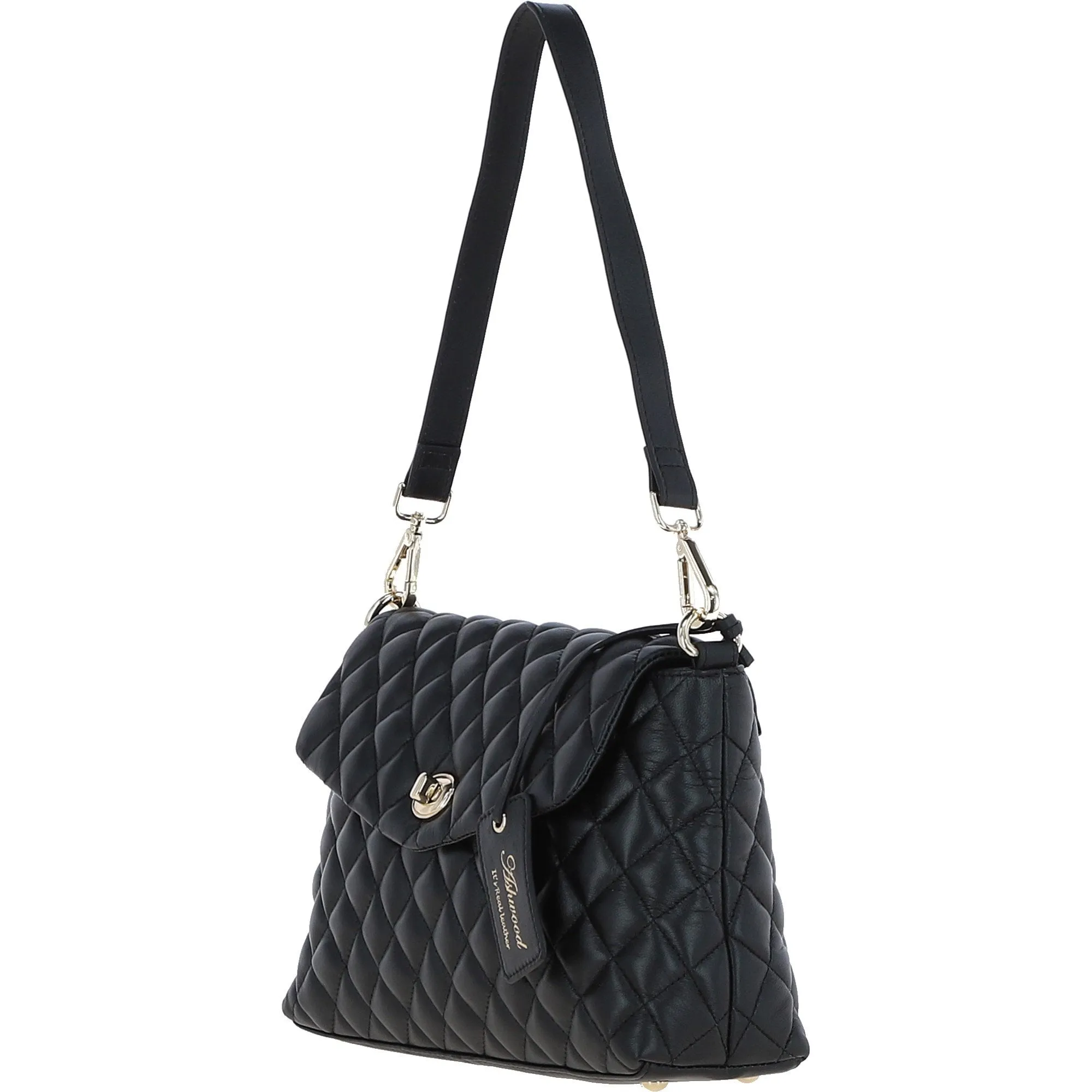 Black Real Leather Flapover Quilted Bag: 63858