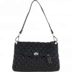 Black Real Leather Flapover Quilted Bag: 63858