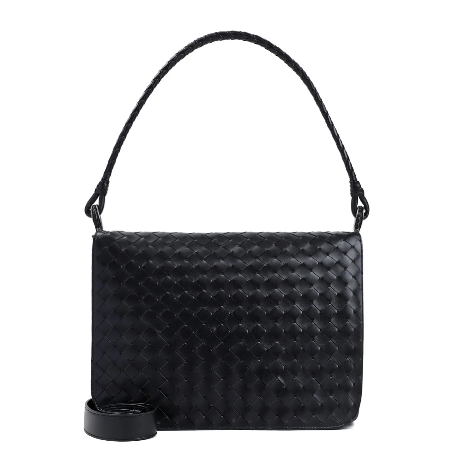 BOTTEGA VENETA Intrecciato Avenue Black Leather Crossbody Handbag, Size 35x24x7cm