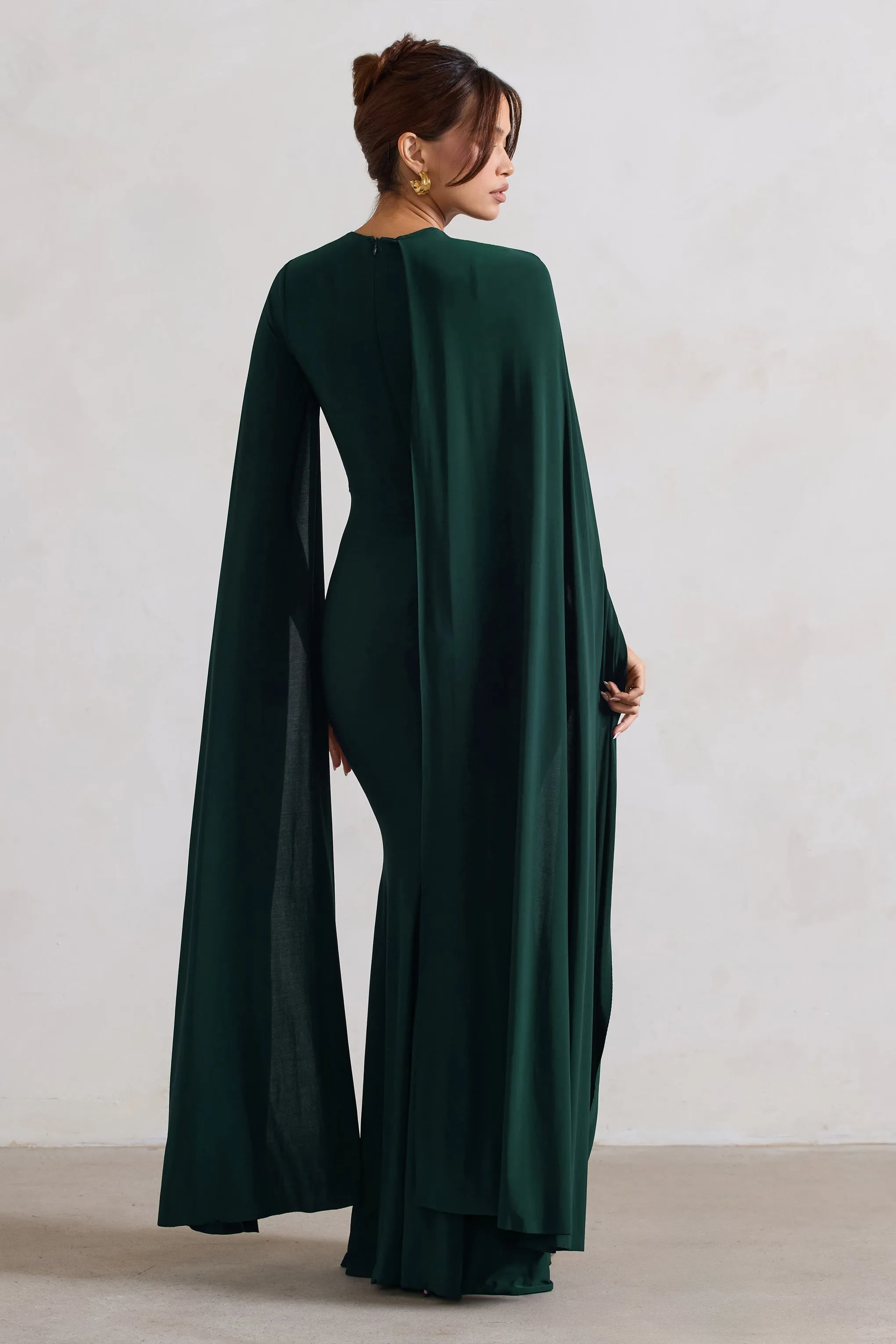 Bottle Green Maxi Dress with Asymmetric Cape