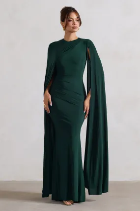 Bottle Green Maxi Dress with Asymmetric Cape