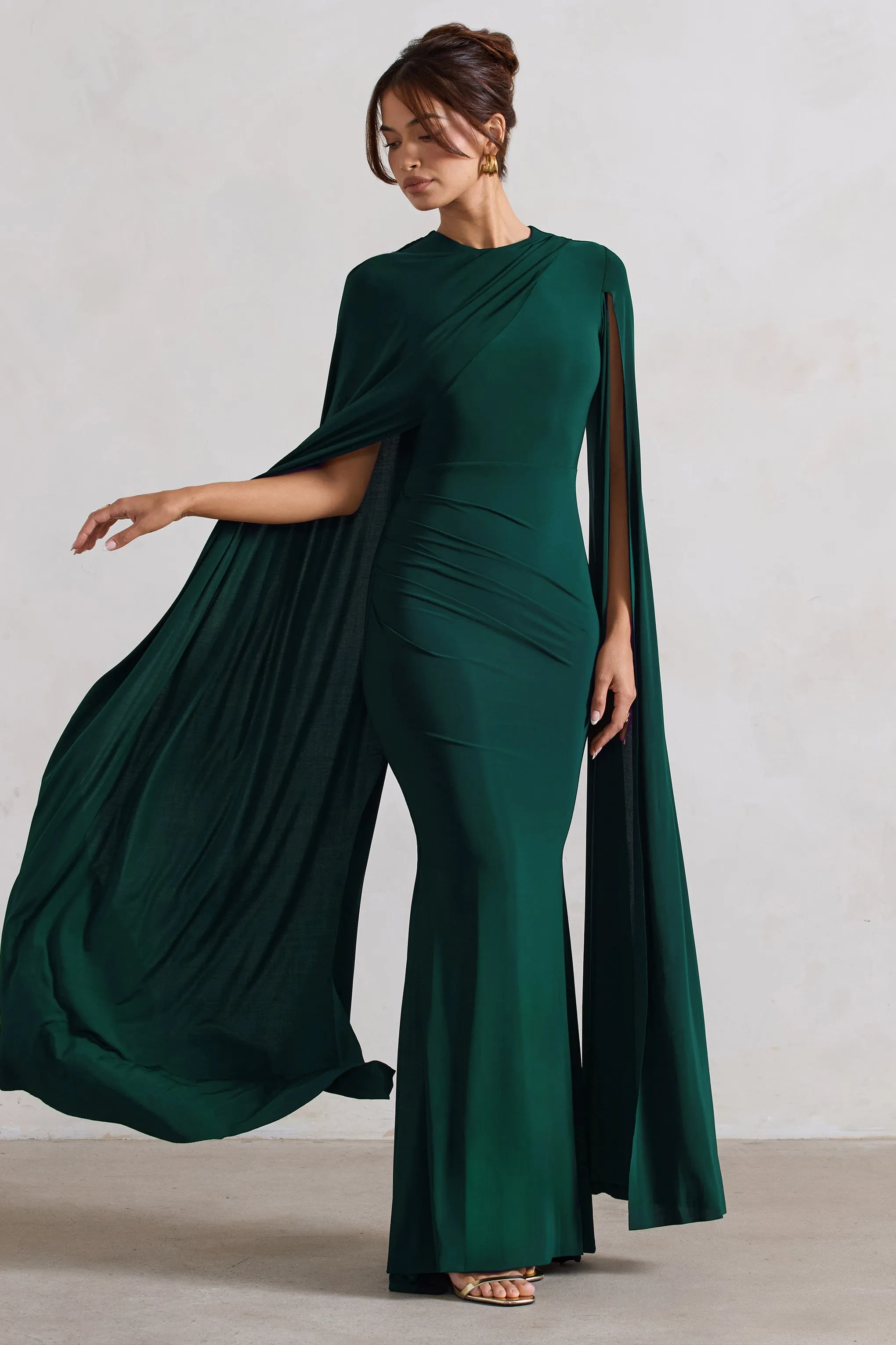 Bottle Green Maxi Dress with Asymmetric Cape