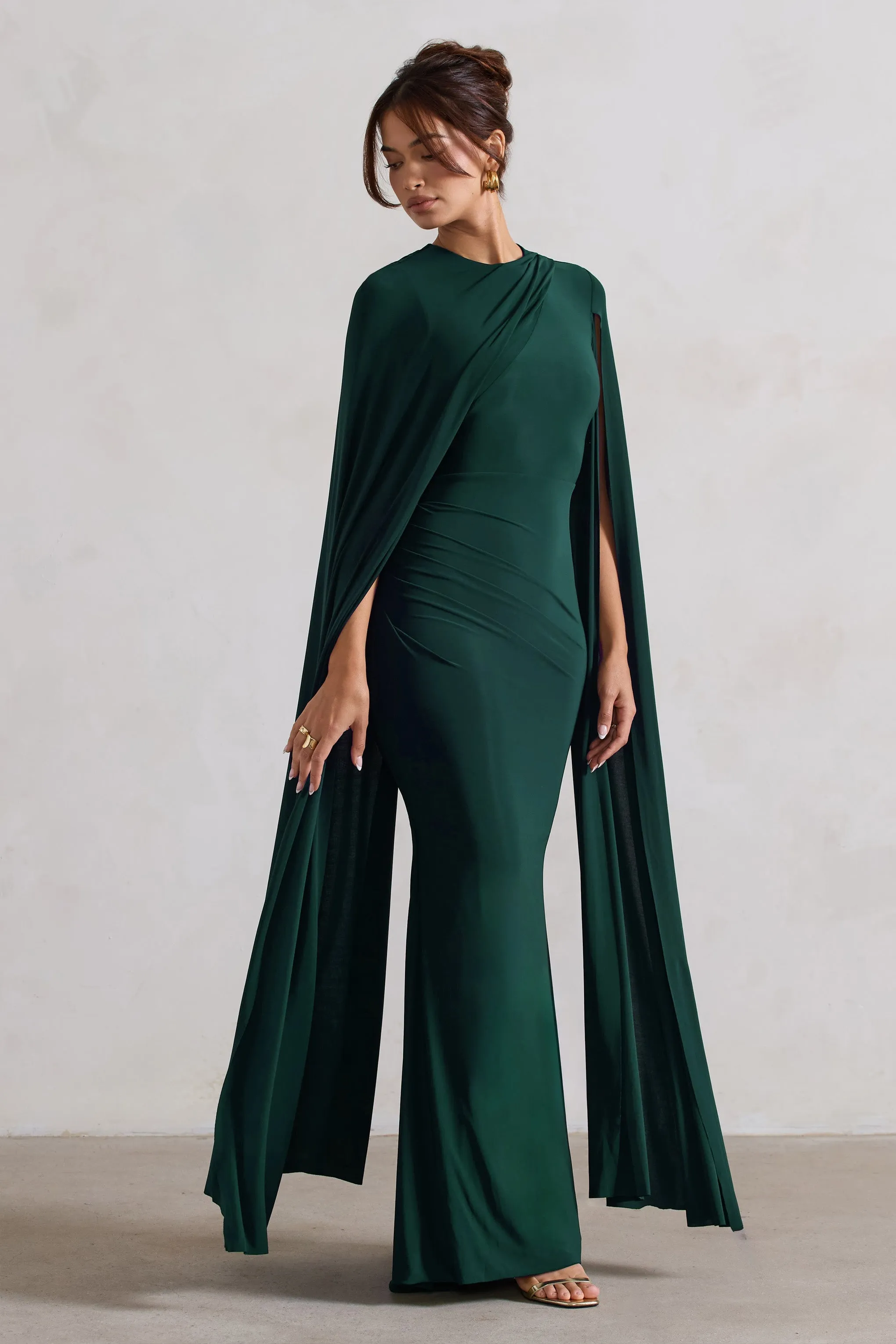 Bottle Green Maxi Dress with Asymmetric Cape