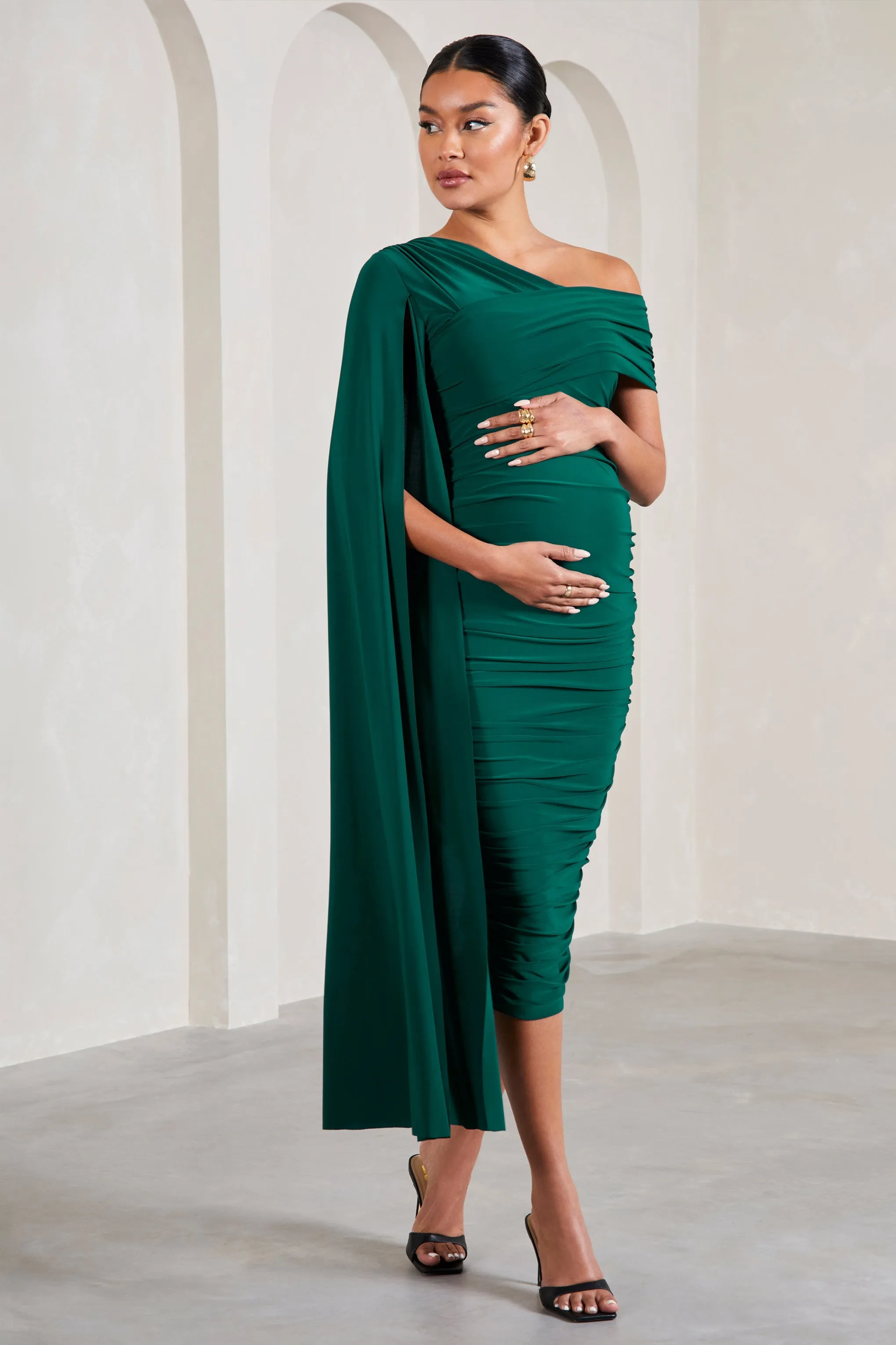 Bottle Green Maternity Midi Dress with Ruched Asymmetric Design and Cape