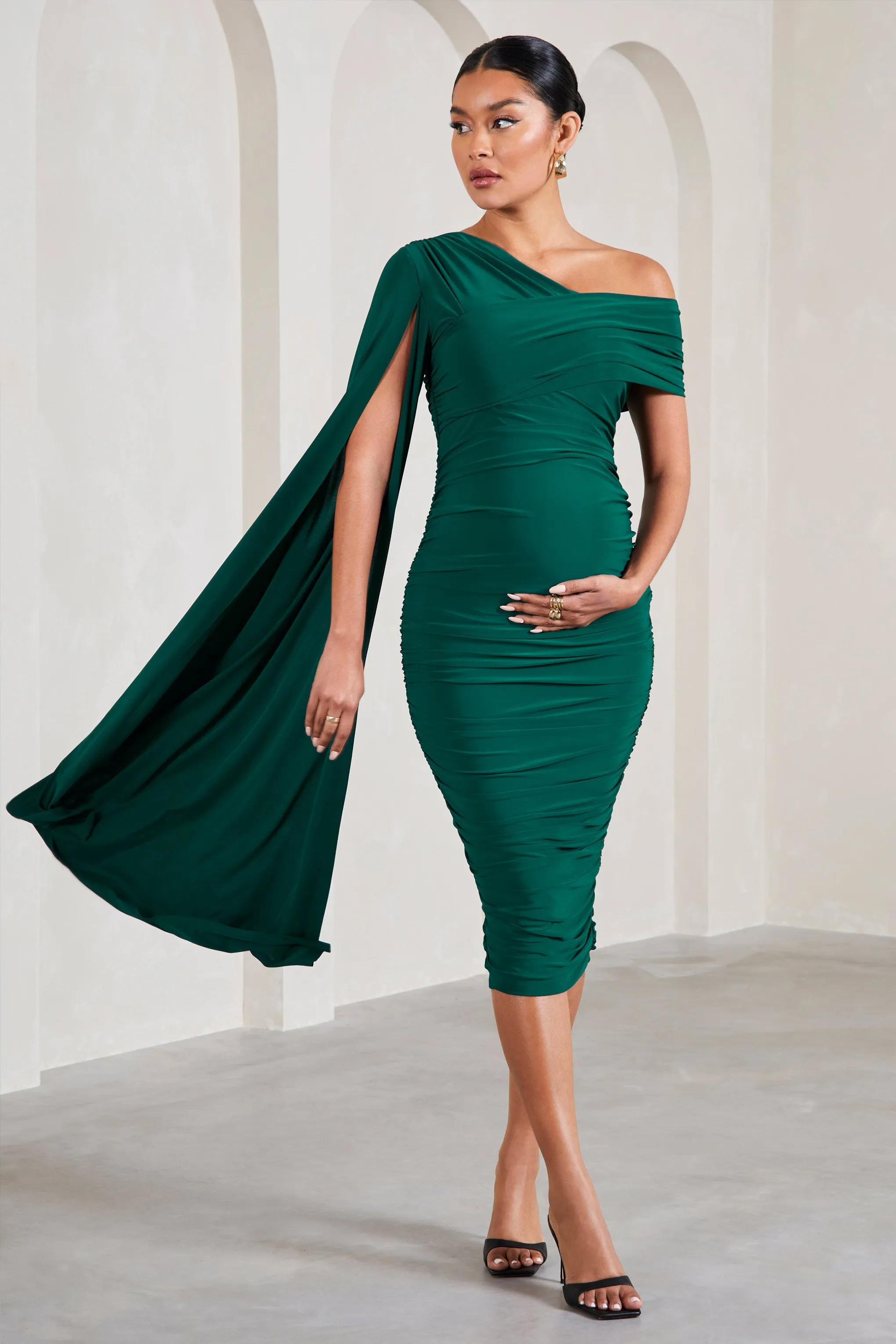 Bottle Green Maternity Midi Dress with Ruched Asymmetric Design and Cape