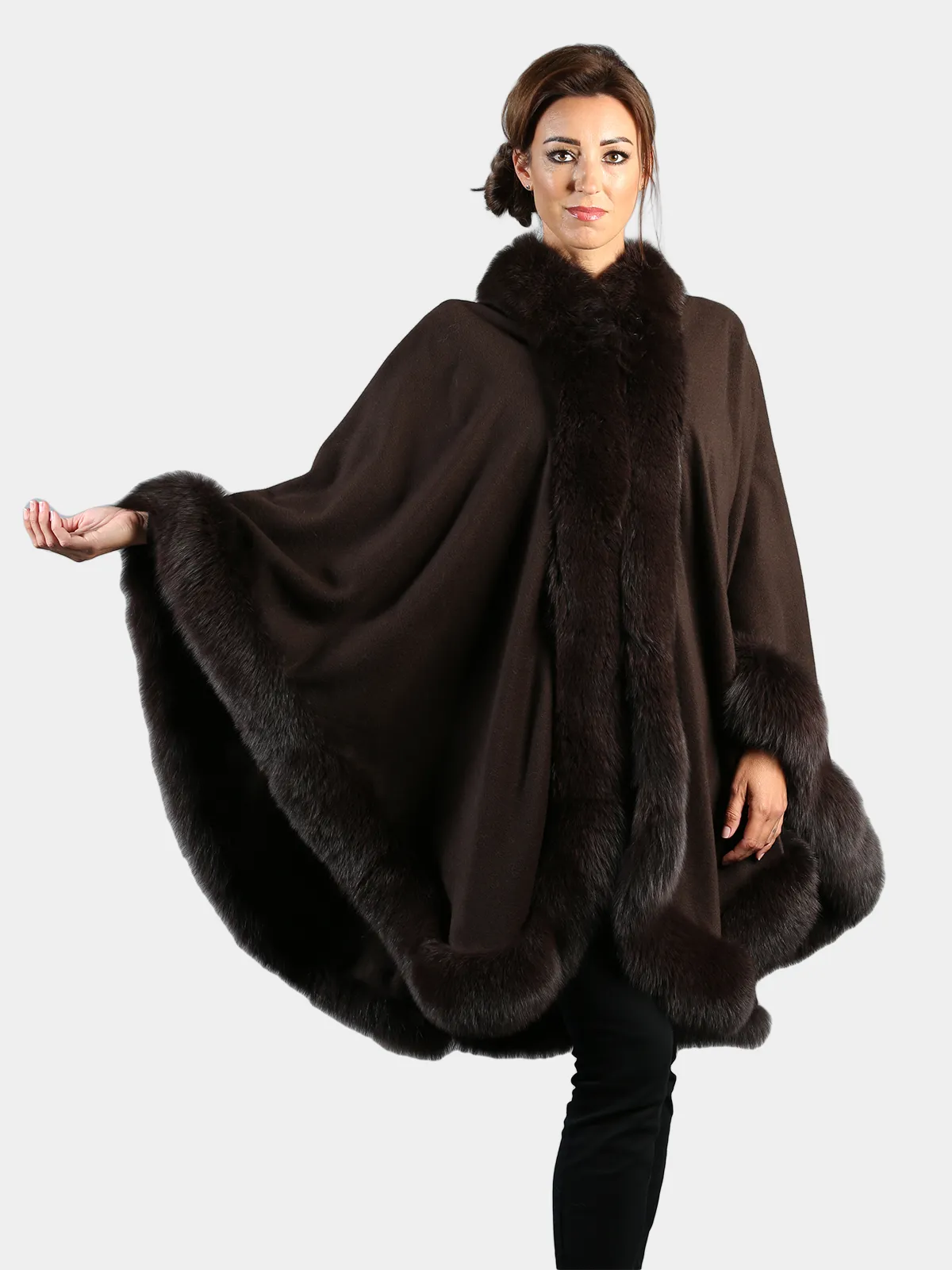 Brown Cashmere Wool Cape with Matching Fox Trim by Day Furs