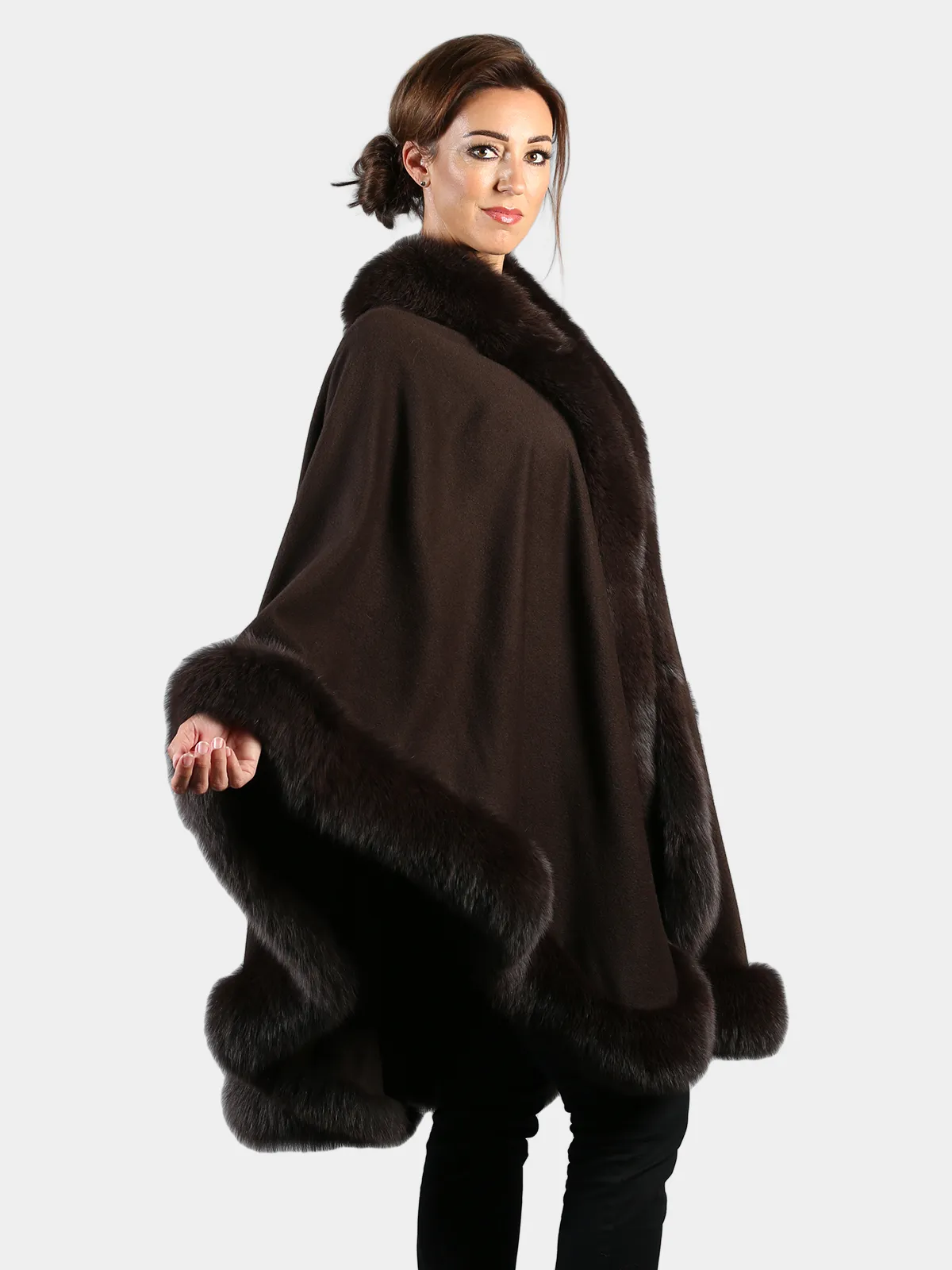 Brown Cashmere Wool Cape with Matching Fox Trim by Day Furs