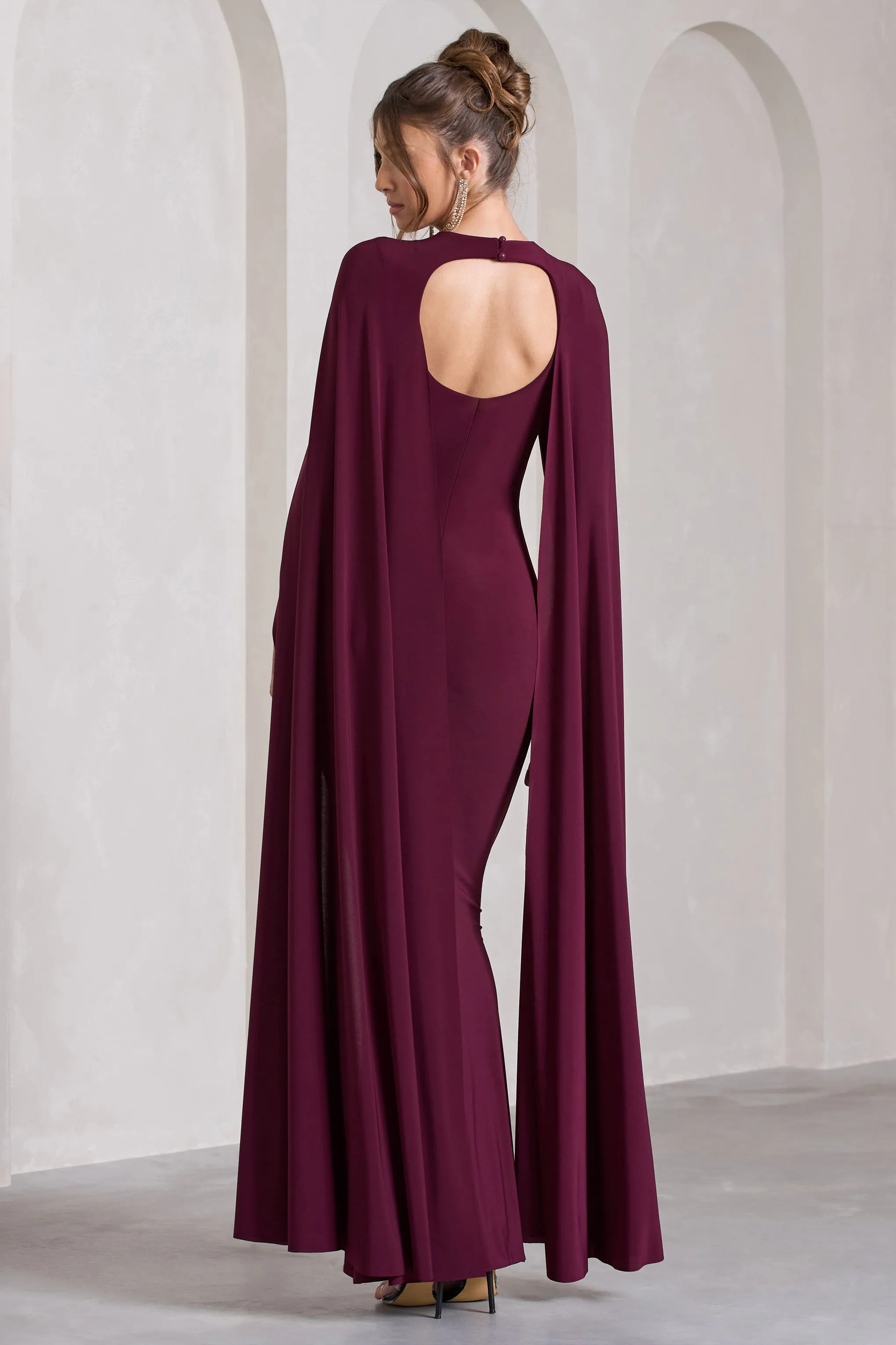 Burgundy Maxi Dress with Plunge Neck and Cape