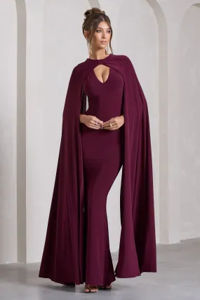 Burgundy Maxi Dress with Plunge Neck and Cape