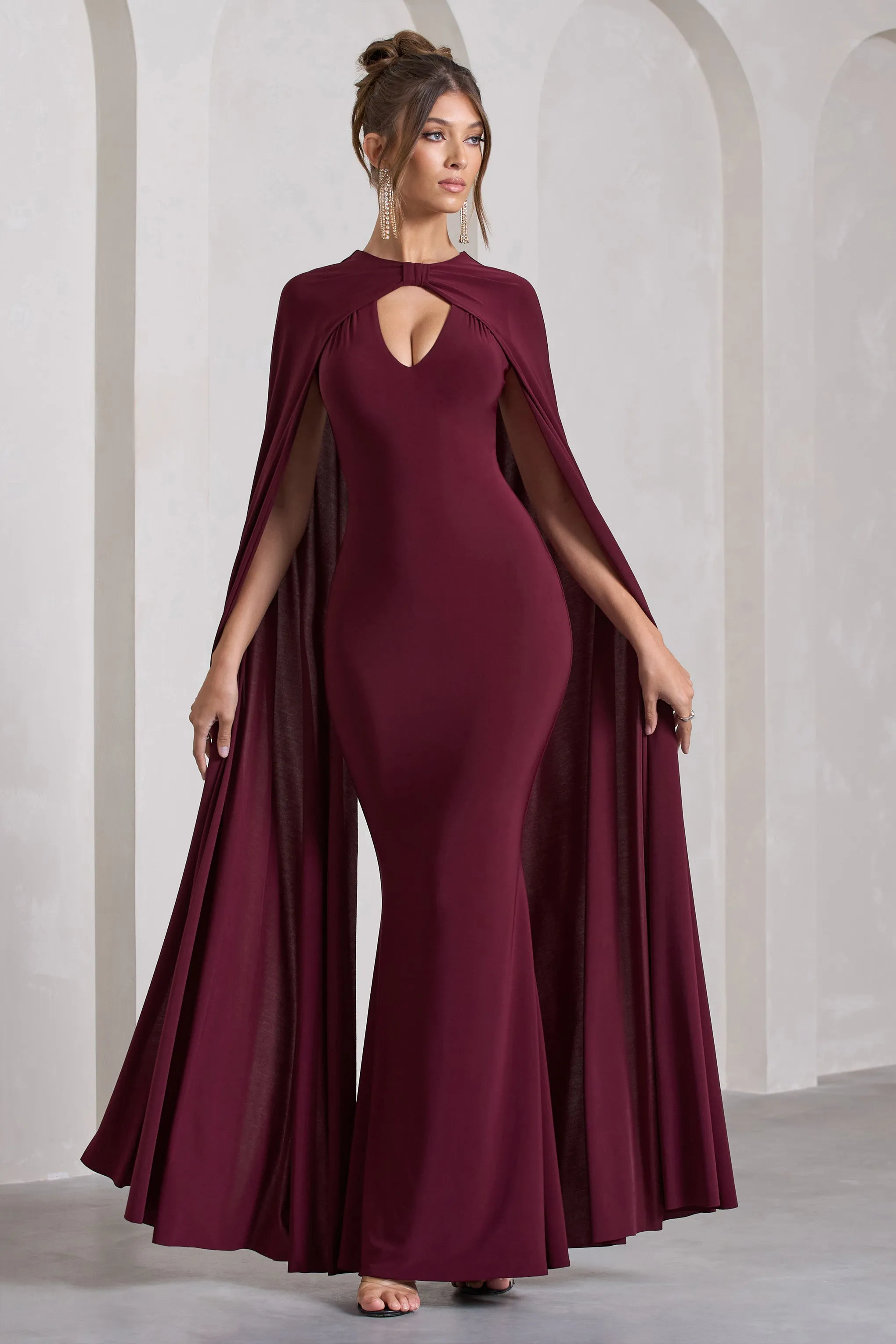 Burgundy Maxi Dress with Plunge Neck and Cape