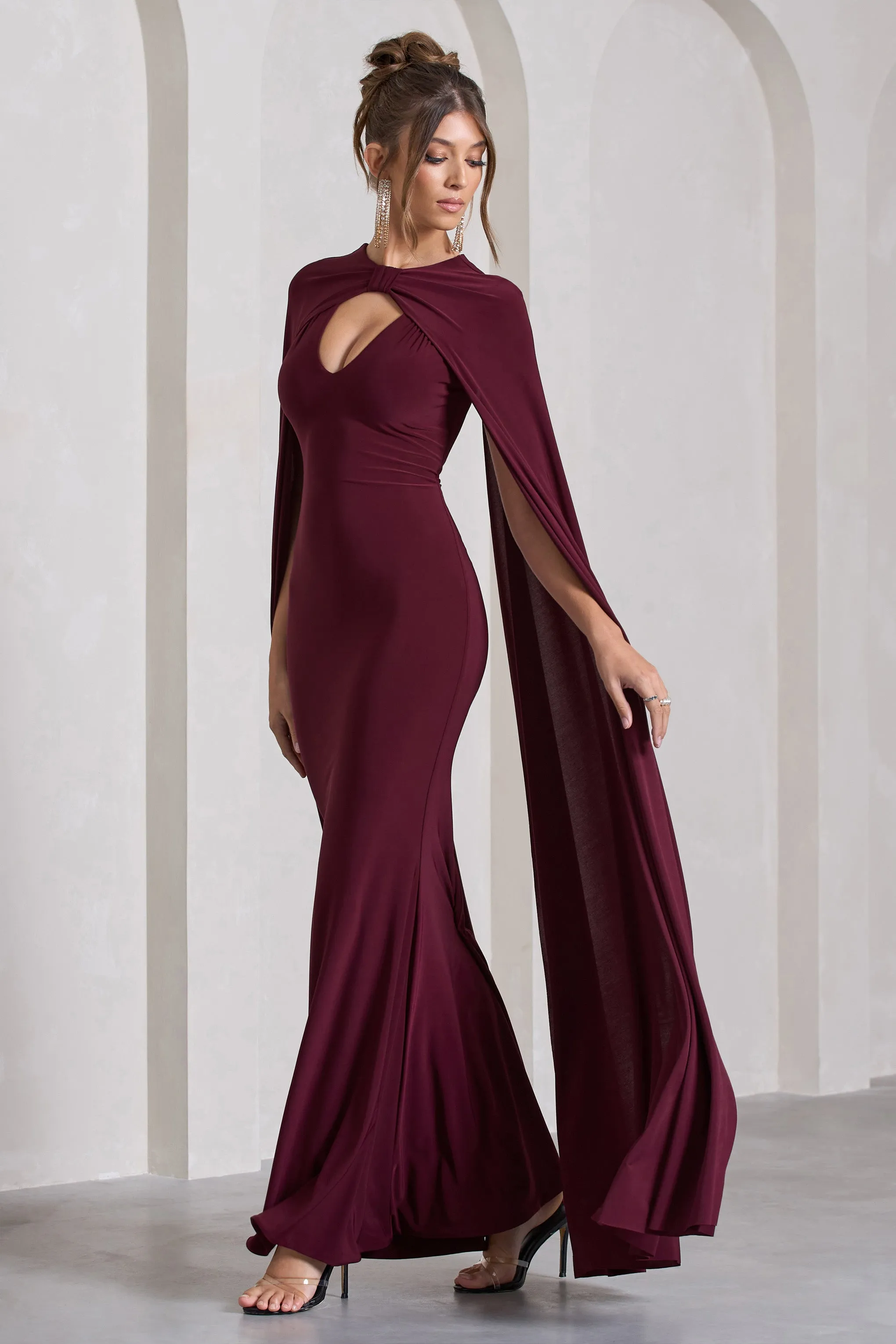 Burgundy Maxi Dress with Plunge Neck and Cape