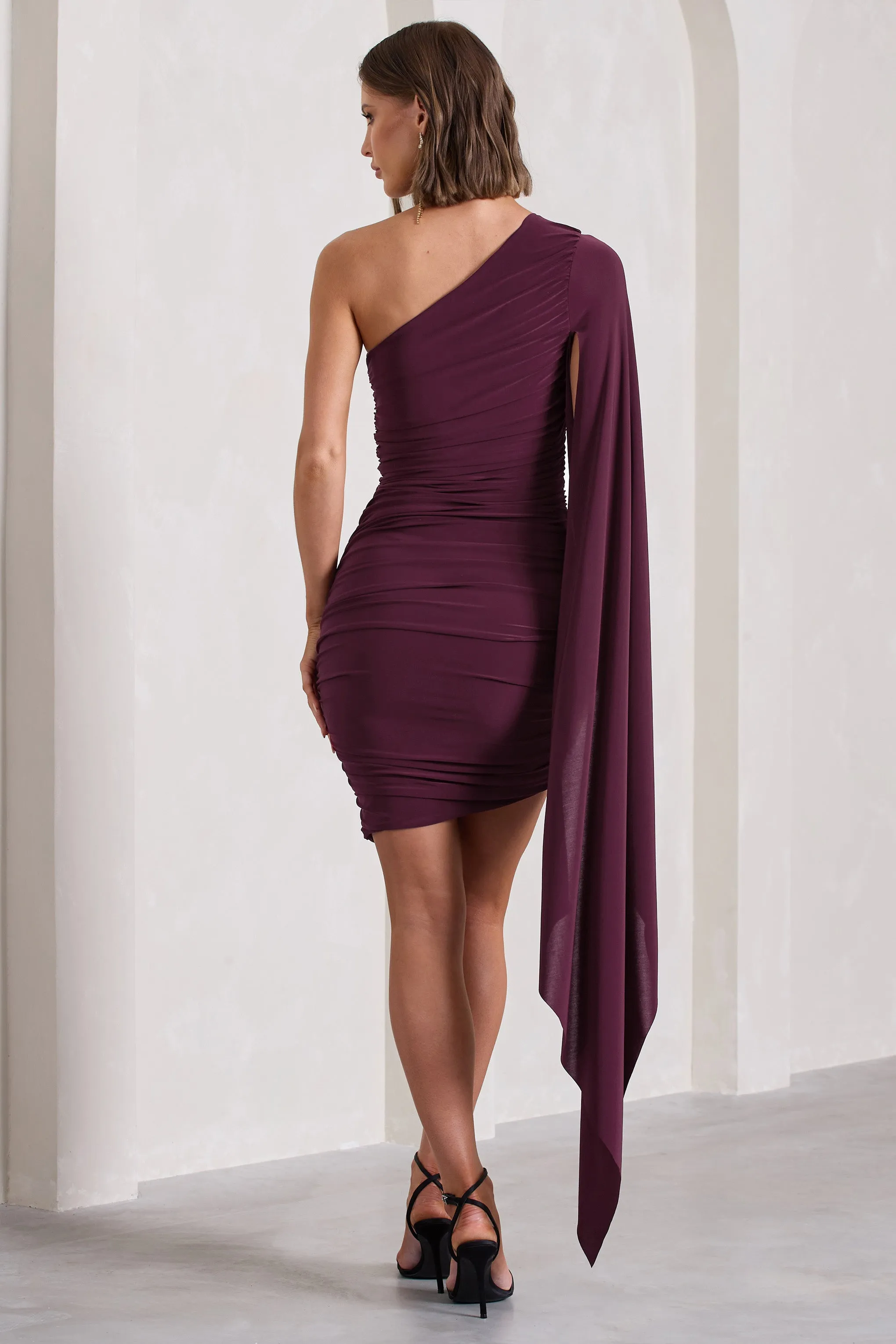 Burgundy Mini Dress with Ruched One-Shoulder and Asymmetric Cape Sleeve