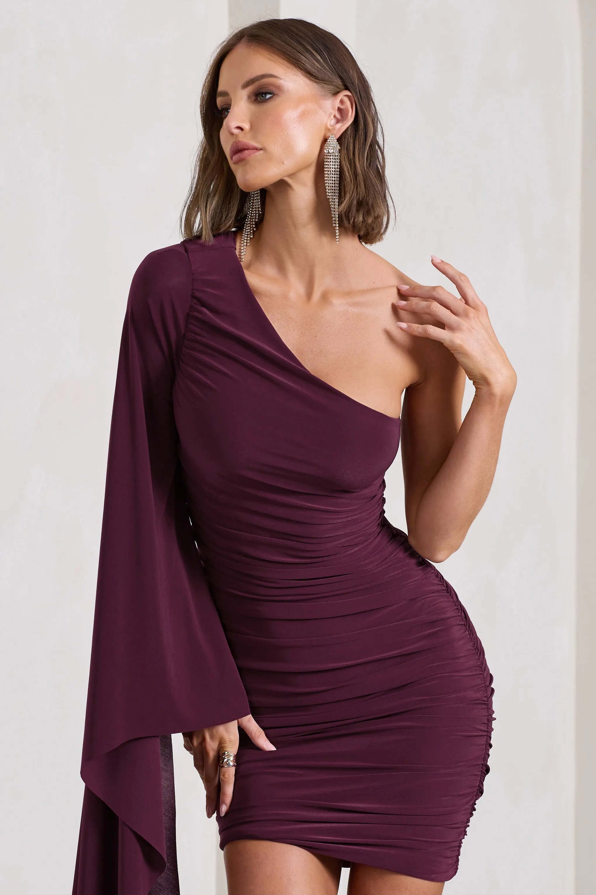 Burgundy Mini Dress with Ruched One-Shoulder and Asymmetric Cape Sleeve