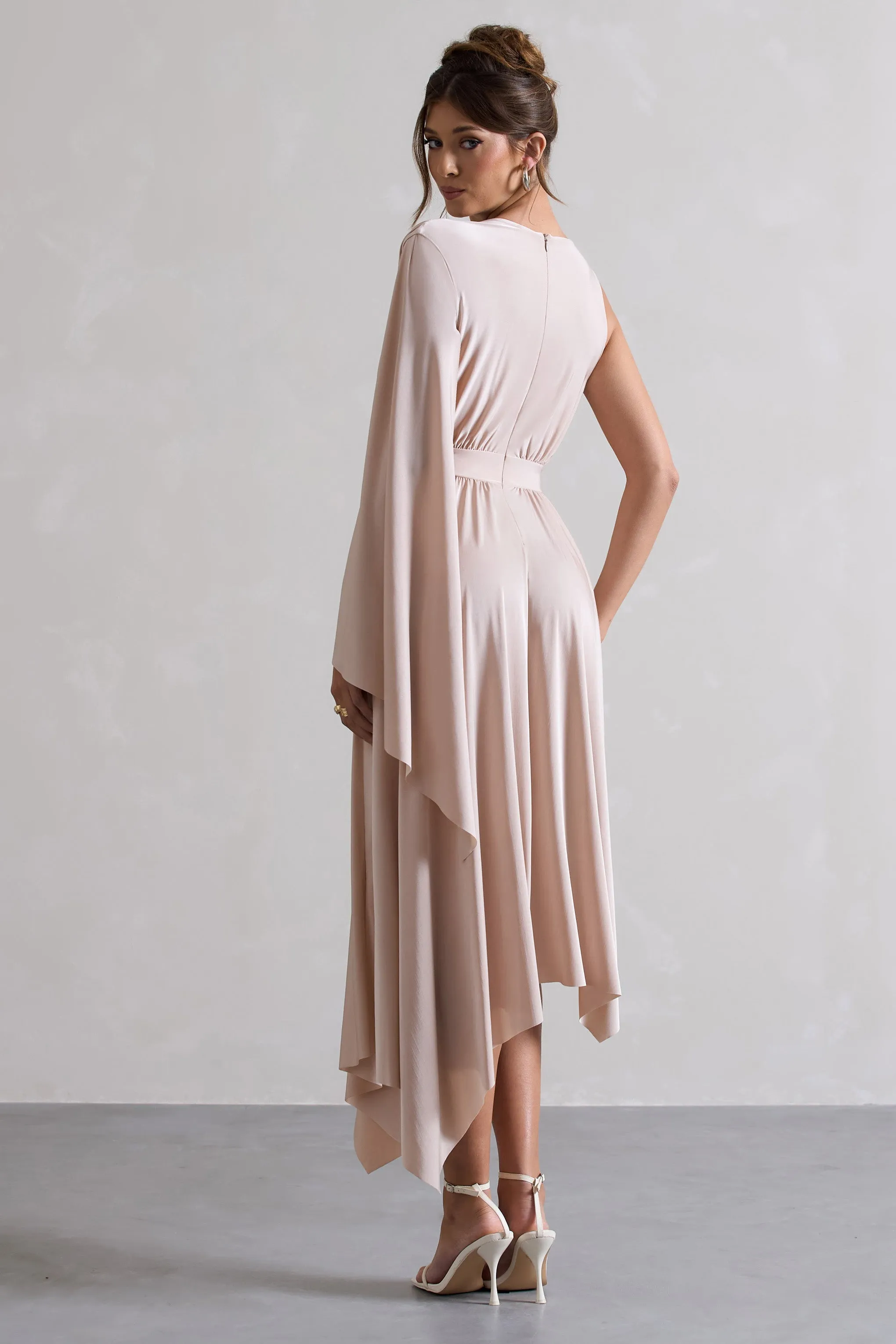 Champagne Plunge Neck Maxi Dress With Cape Sleeve