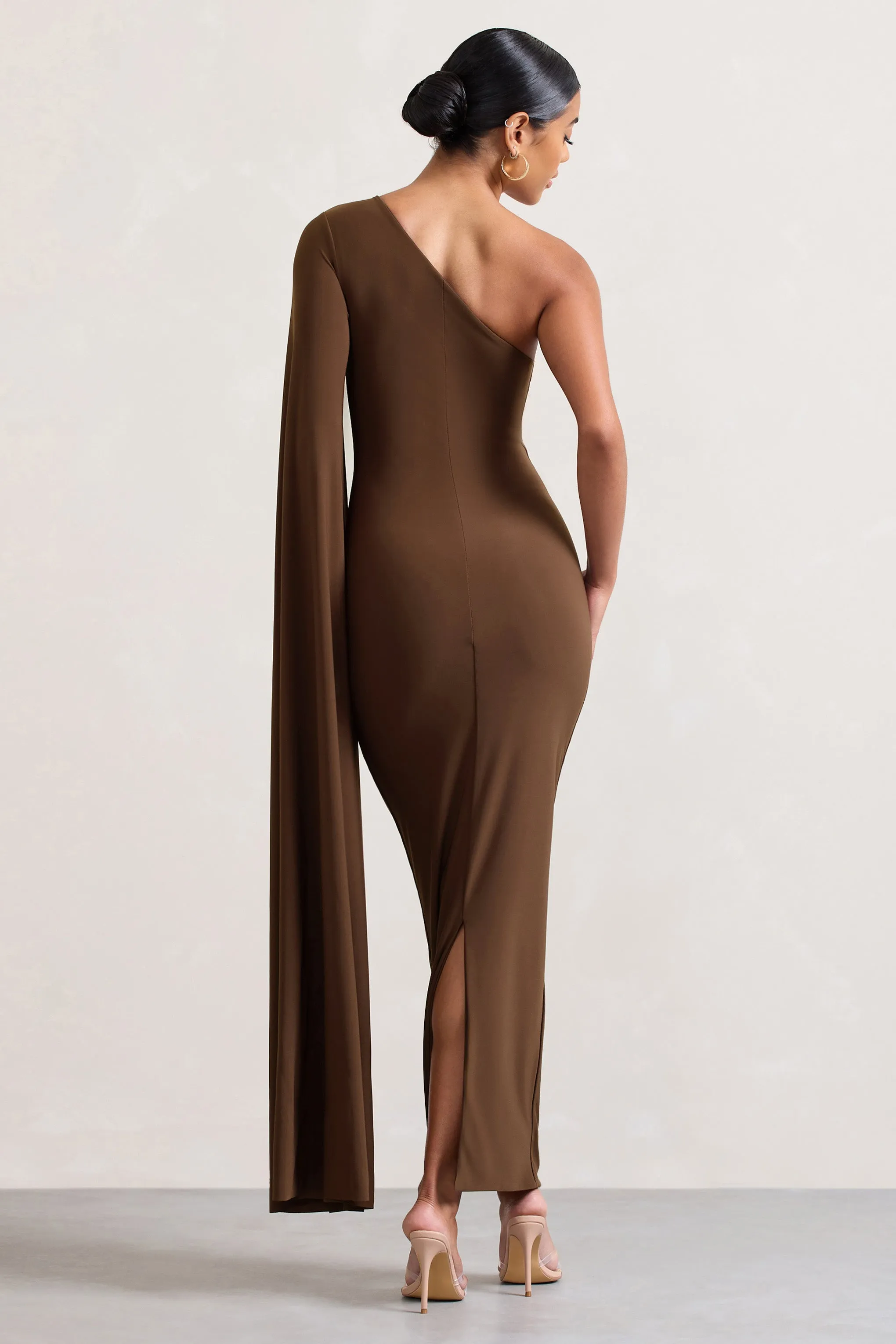 Champagne Maxi Dress with One Shoulder Cape, Ruched Waist, and Thigh Split