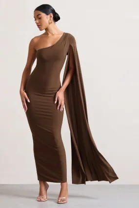 Champagne Maxi Dress with One Shoulder Cape, Ruched Waist, and Thigh Split