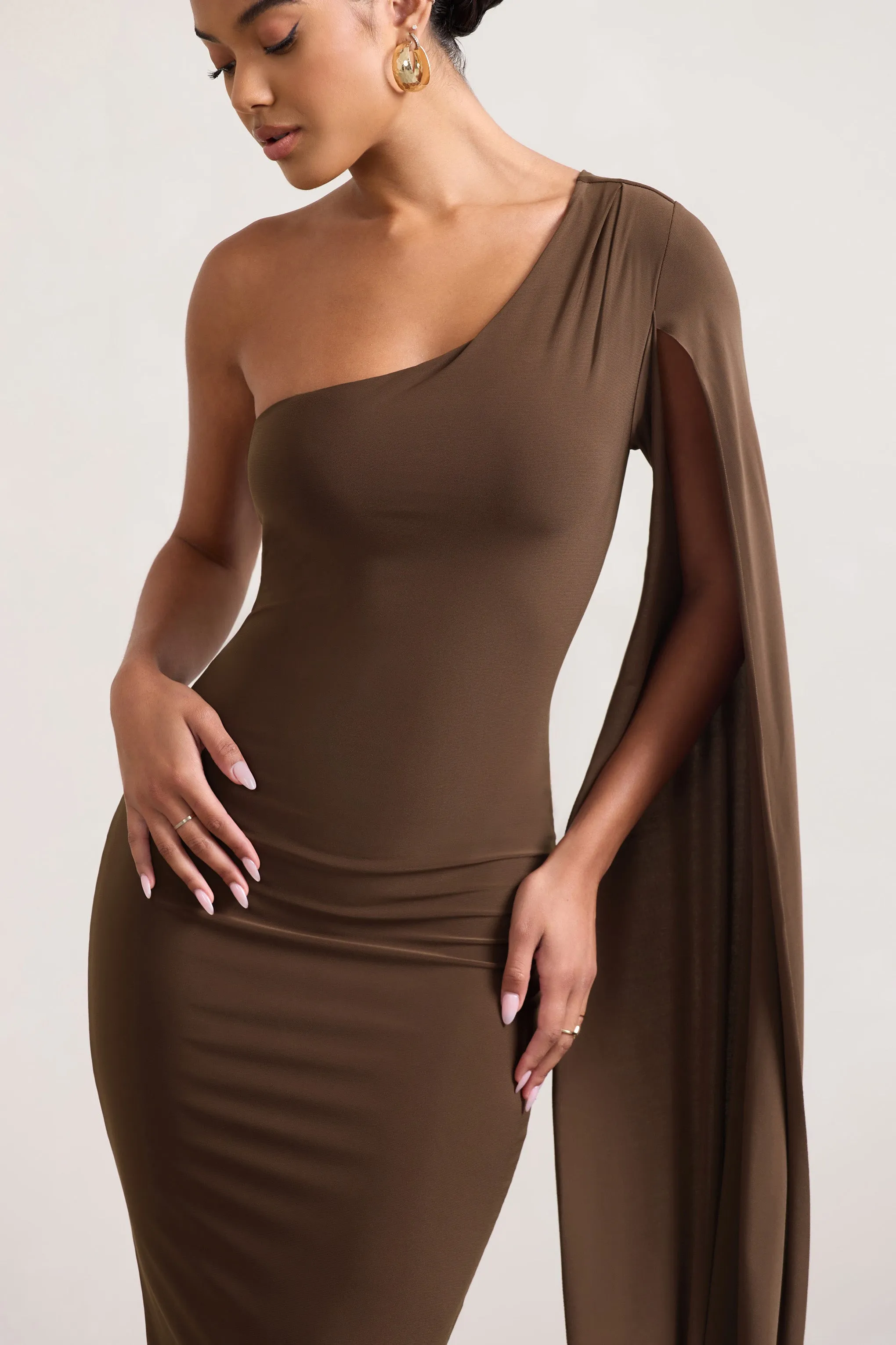 Champagne Maxi Dress with One Shoulder Cape, Ruched Waist, and Thigh Split