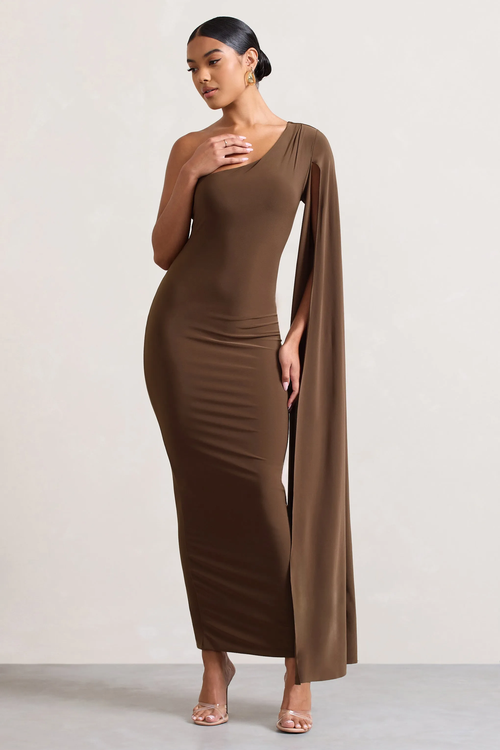 Champagne Maxi Dress with One Shoulder Cape, Ruched Waist, and Thigh Split