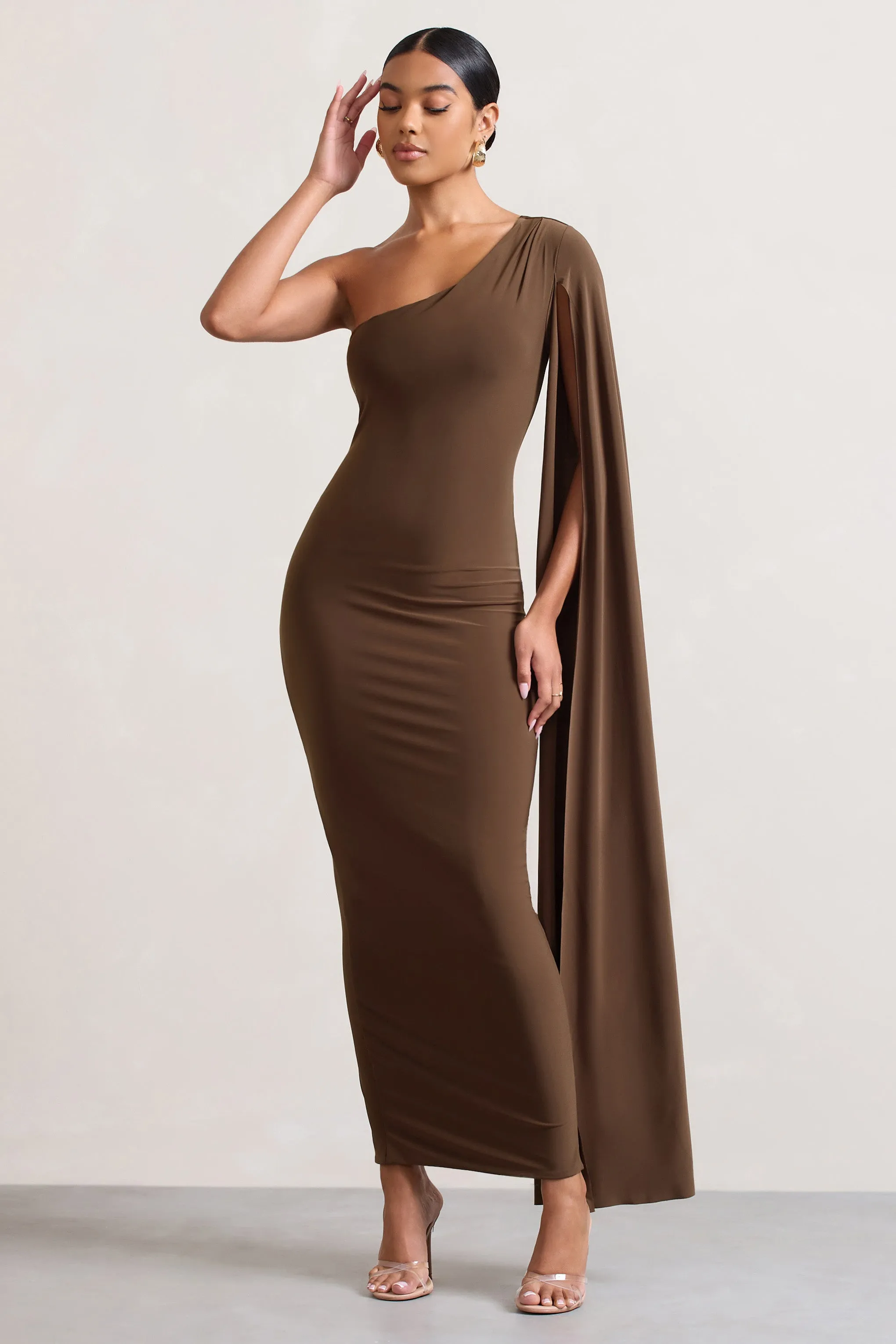 Champagne Maxi Dress with One Shoulder Cape, Ruched Waist, and Thigh Split